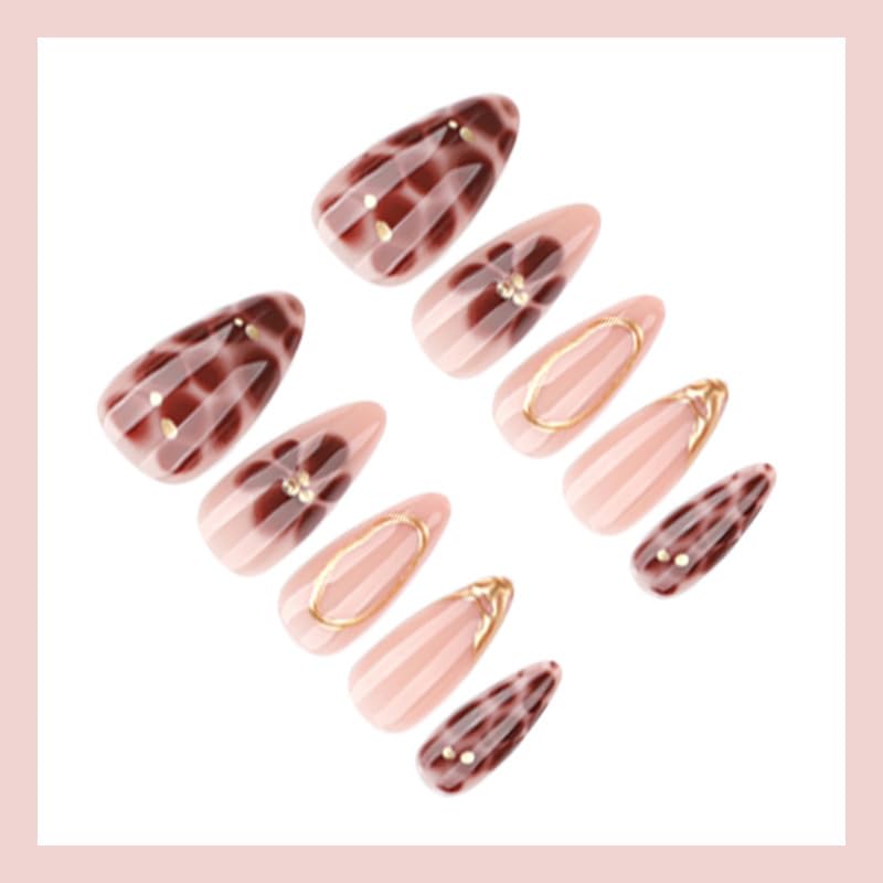 Amber Bloom Nails | Brown & Gold Floral Press-On Set