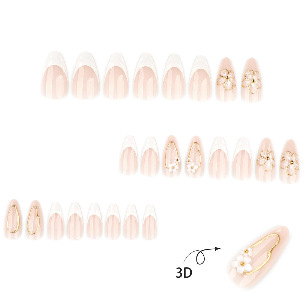 Golden Petal French Nails | White & Gold 3D Floral Press-On Set