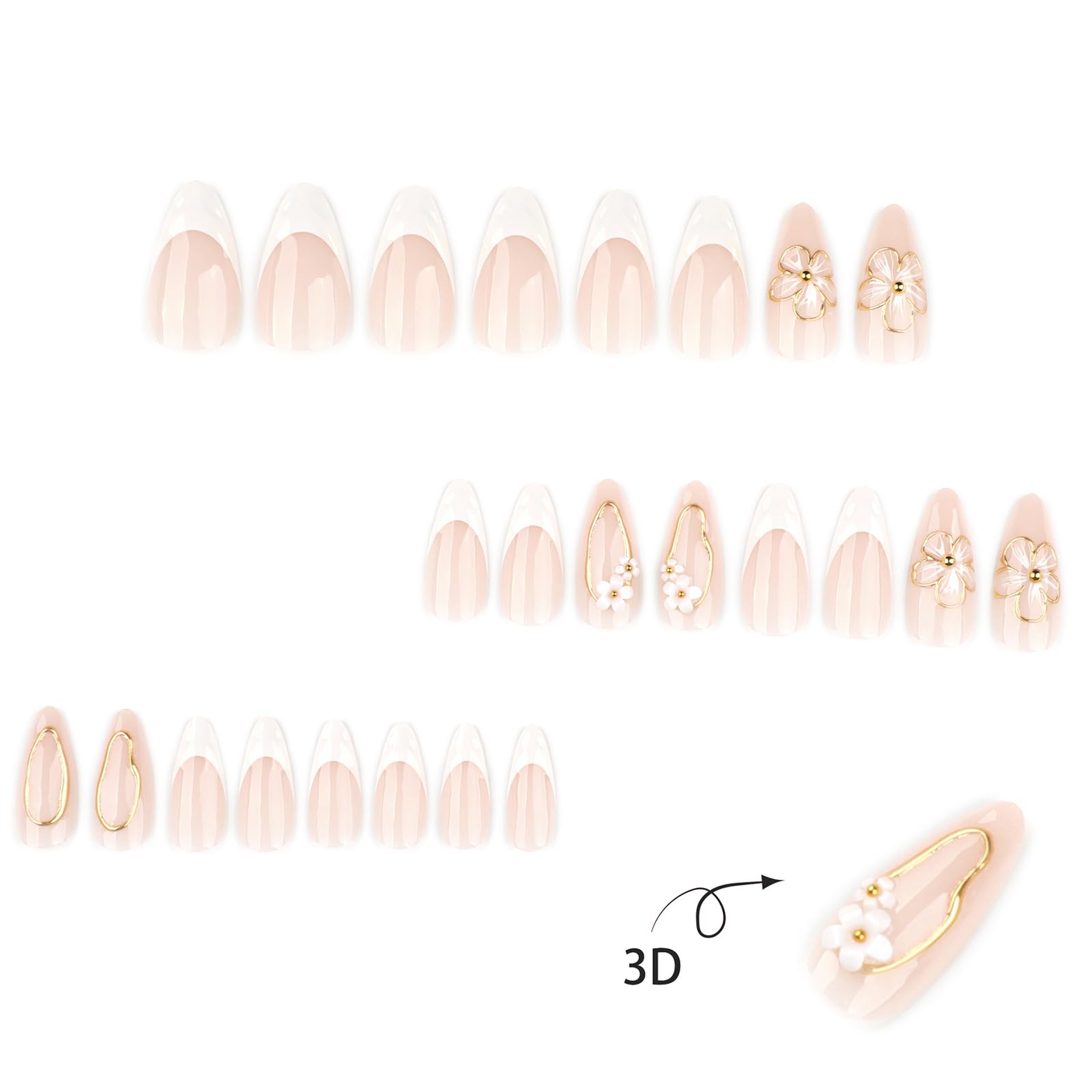 Golden Petal French Nails | White & Gold 3D Floral Press-On Set