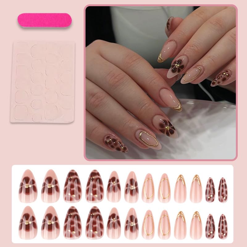 Amber Bloom Nails | Brown & Gold Floral Press-On Set