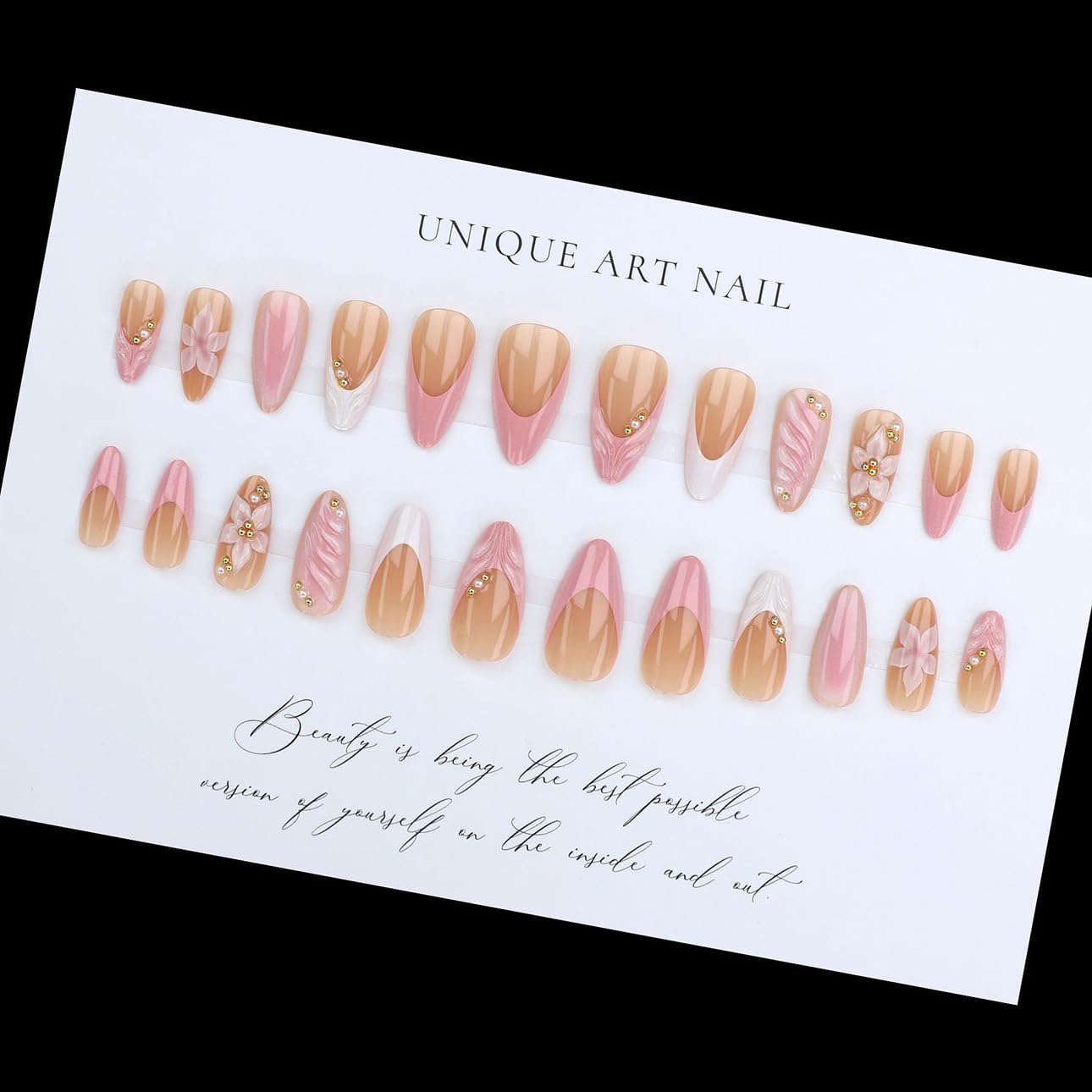 Pink Petal 3D Floral Nails | Elegant Pink & White Press-On Set with Gold Detailing