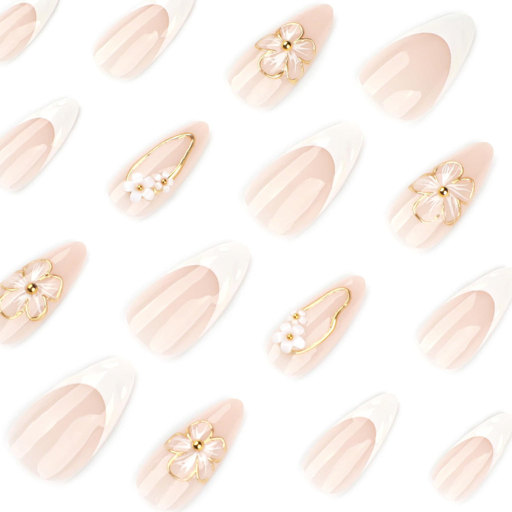 Golden Petal French Nails | White & Gold 3D Floral Press-On Set