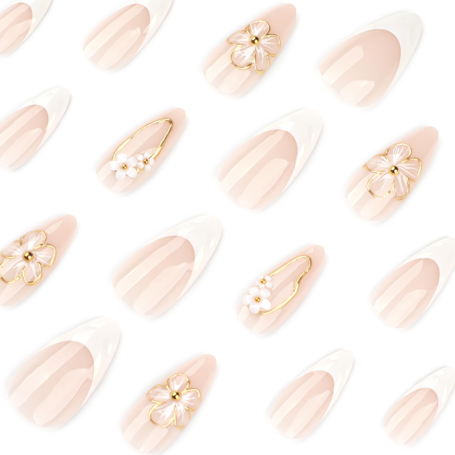 Golden Petal French Nails | White & Gold 3D Floral Press-On Set