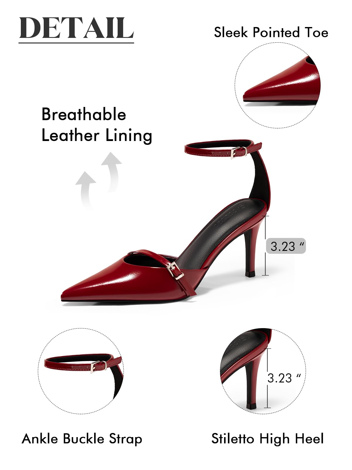 Coutgo Womens High Heels Closed Pointed Toe Ankle Buckle Strap Sexy Pumps Wedding Party Dress Shoes, Red, Size 7