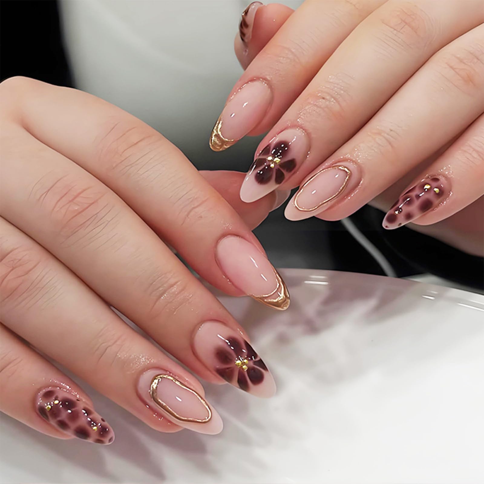 Amber Bloom Nails | Brown & Gold Floral Press-On Set