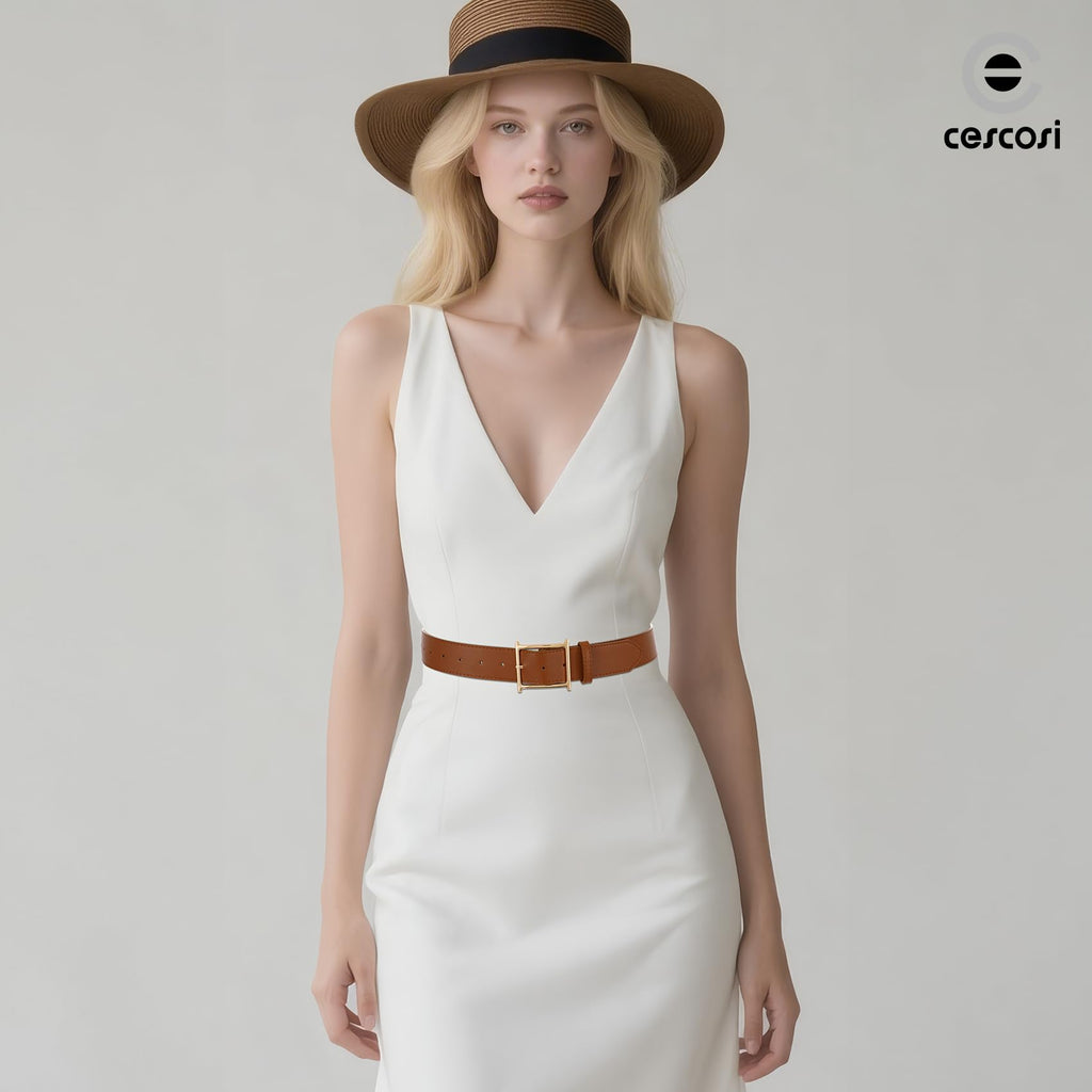 Classic Leather Belt | Square Gold Buckle Women’s Retro Style