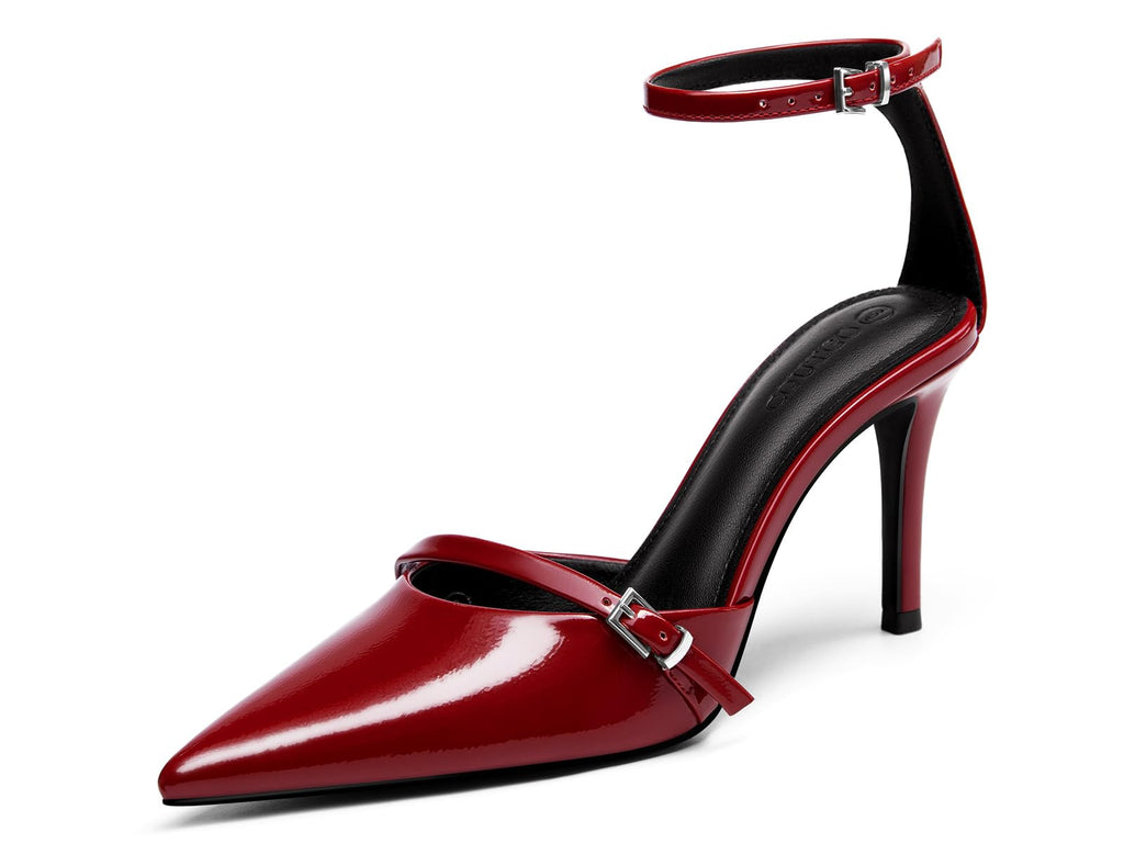 Coutgo Womens High Heels Closed Pointed Toe Ankle Buckle Strap Sexy Pumps Wedding Party Dress Shoes, Red, Size 7