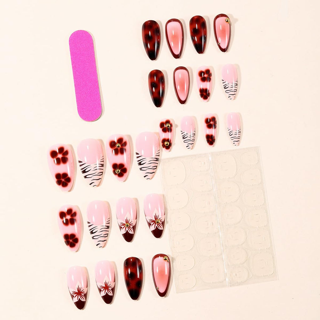 Tortoise Bloom Nails | Brown Floral Press-On Nails with 3D Accents