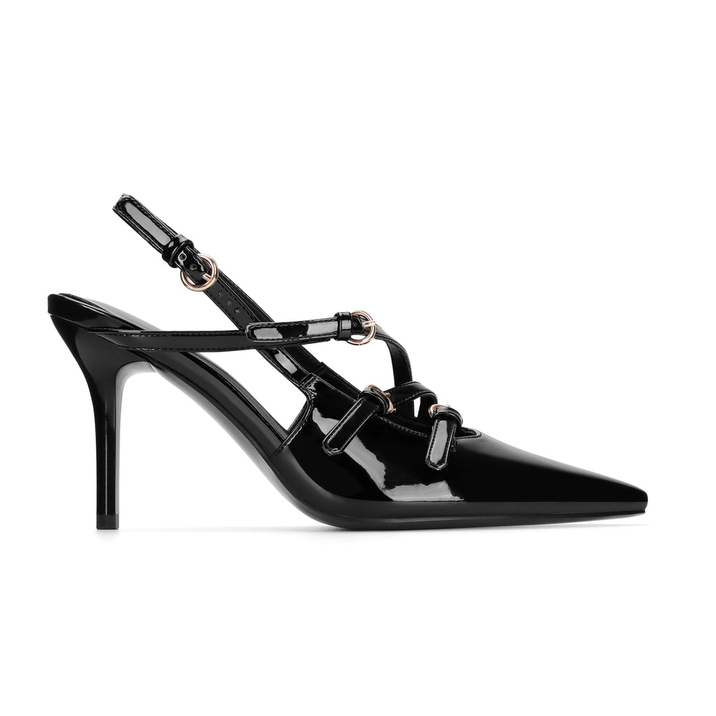 CORNMOOD Slingback Kitten Heels for Women Pointed Toe Stiletto Low Heels with Buckle Strap Heeled Pumps Sandals Black，9