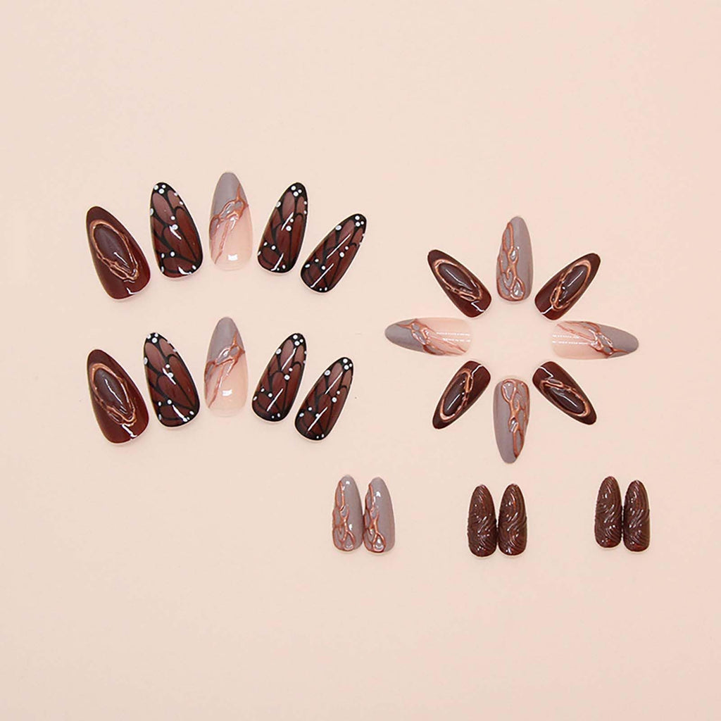 Cocoa Butterfly Nails | Brown & Gold Artistic Press-On Set
