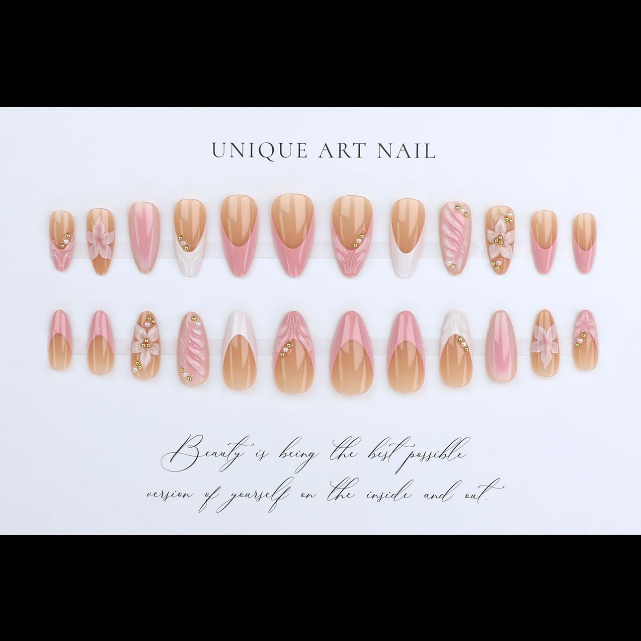 Pink Petal 3D Floral Nails | Elegant Pink & White Press-On Set with Gold Detailing