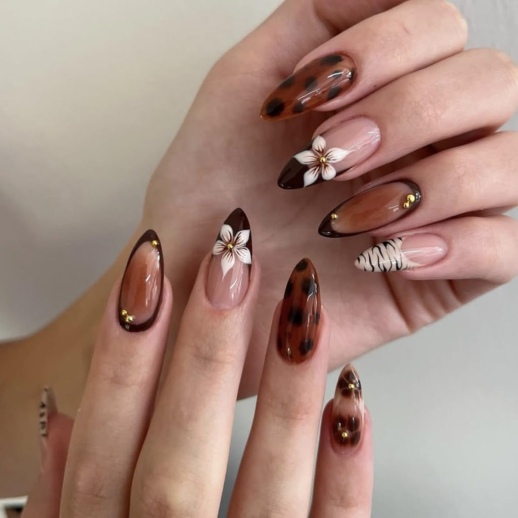 Tortoise Bloom Nails | Brown Floral Press-On Nails with 3D Accents