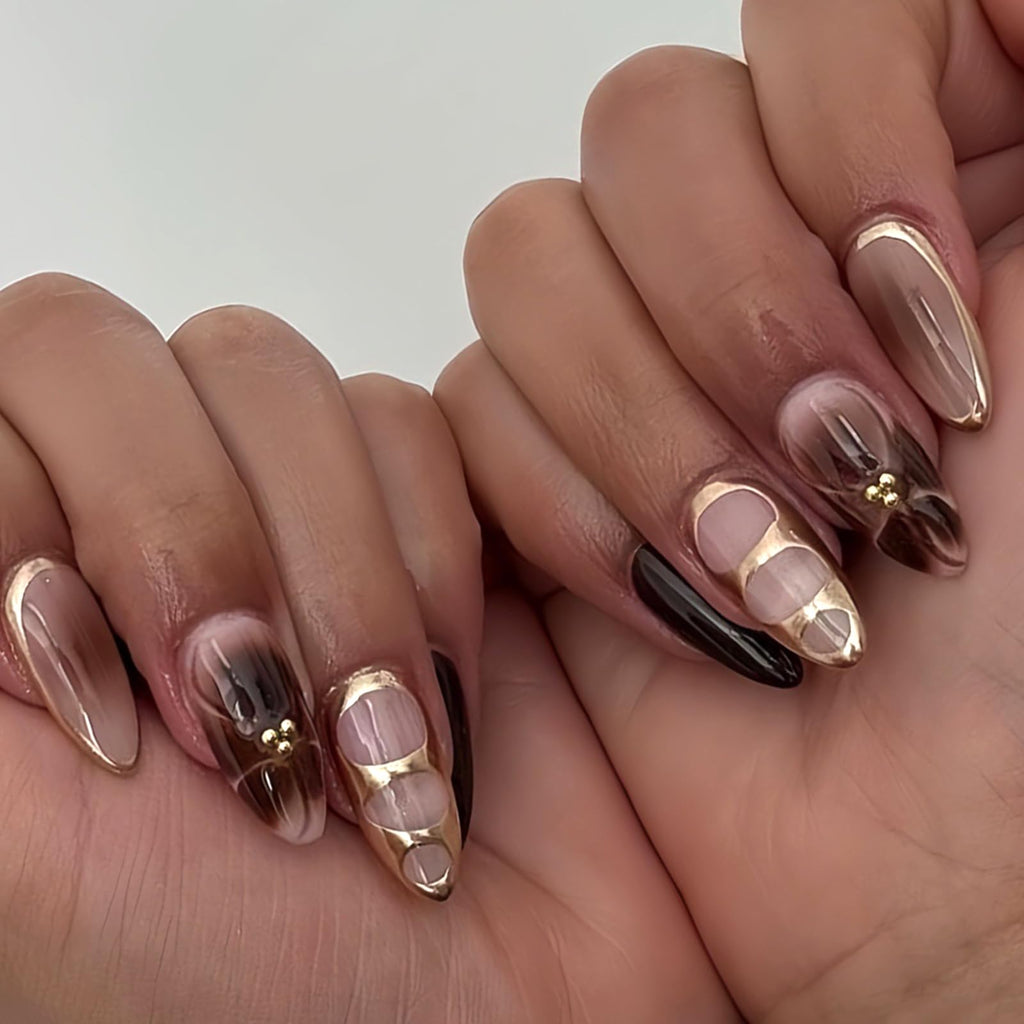 Mocha Glazed Nails | Gold-Edged Nude Press-On Nail Set