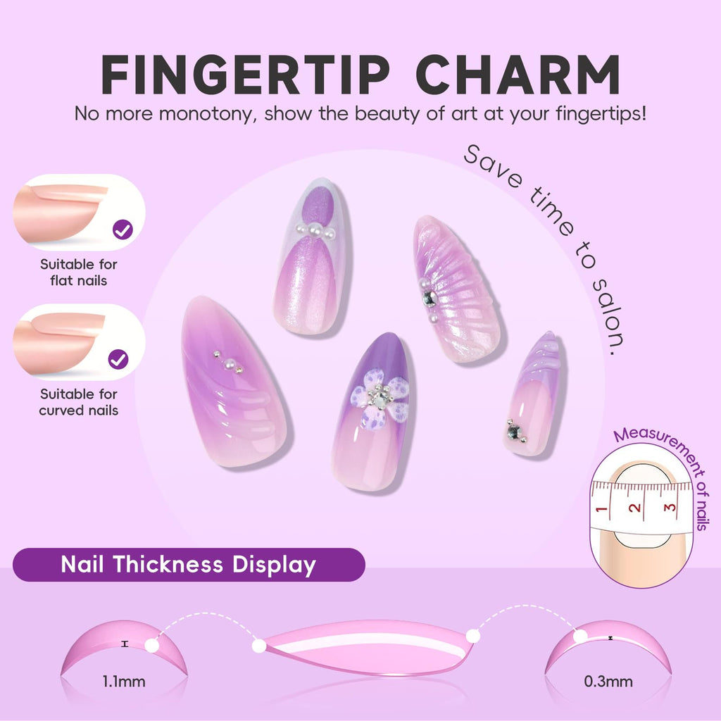 Lilac Dream 3D Nails | Purple Floral Press-On Nail Set with Pearls