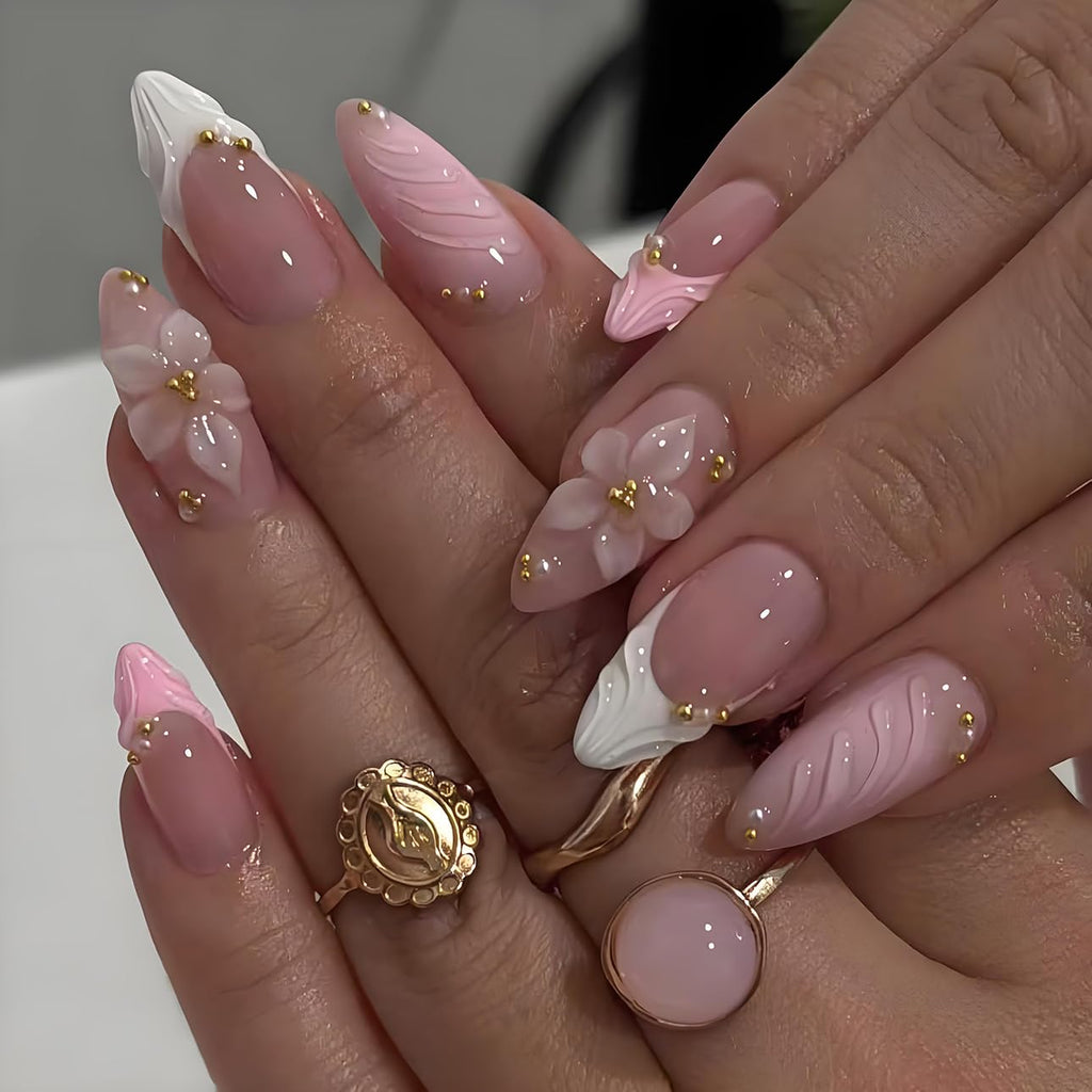 Pink Petal 3D Floral Nails | Elegant Pink & White Press-On Set with Gold Detailing