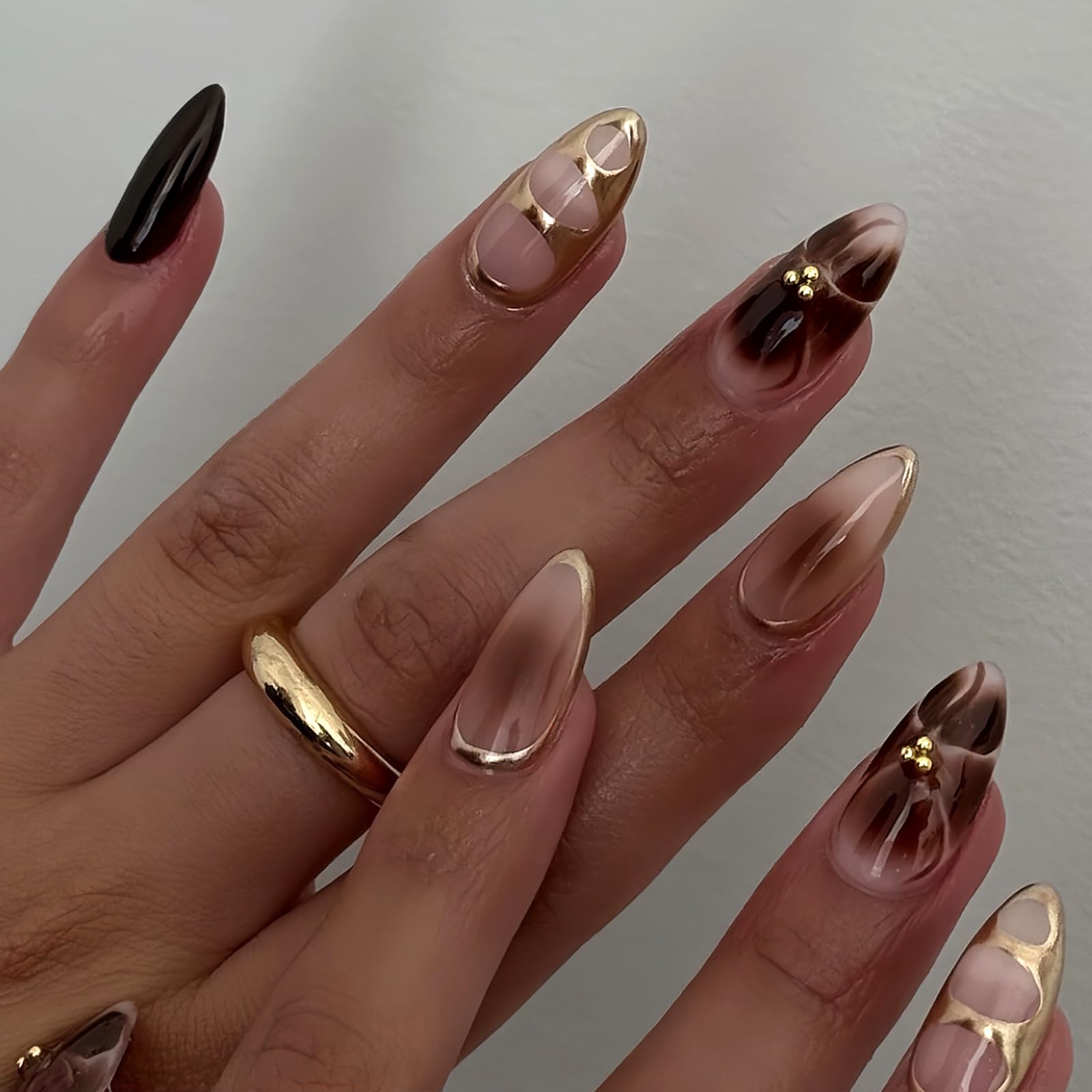 Mocha Glazed Nails | Gold-Edged Nude Press-On Nail Set