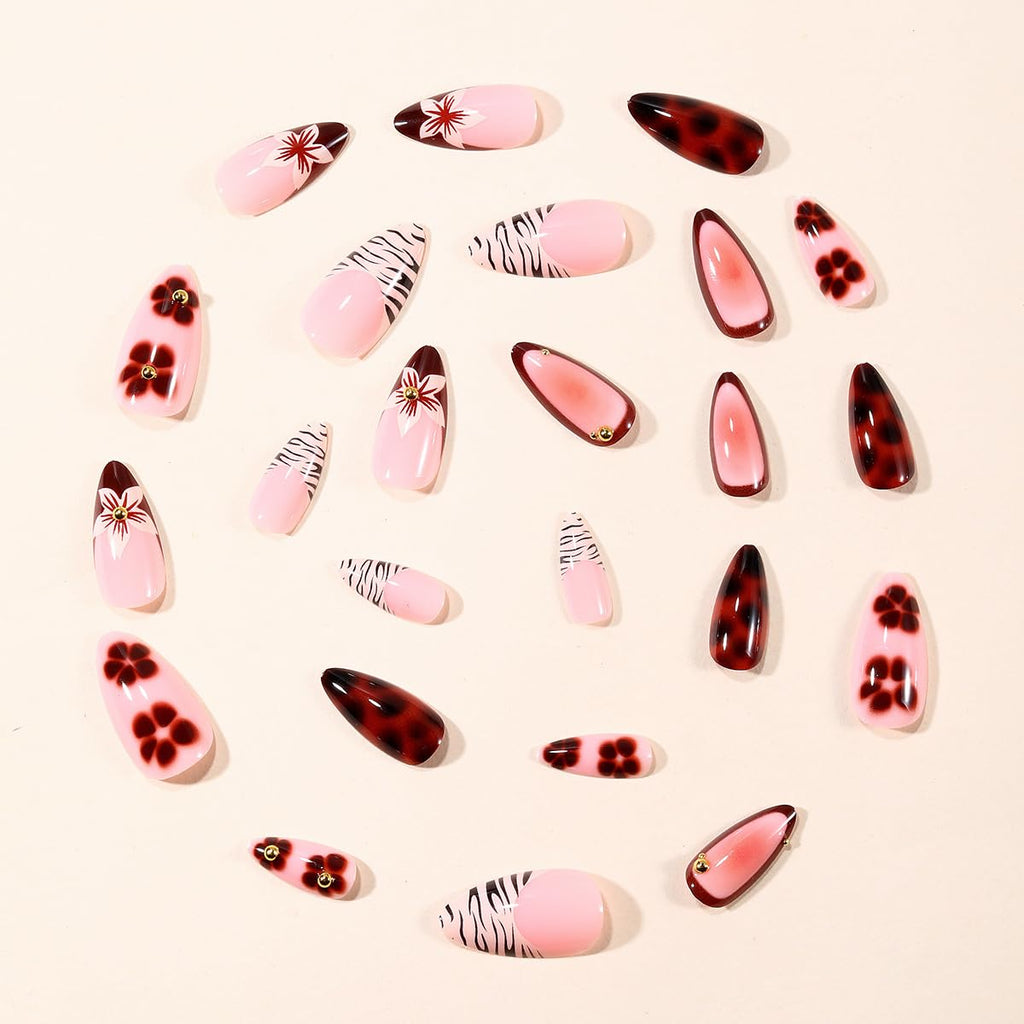 Tortoise Bloom Nails | Brown Floral Press-On Nails with 3D Accents