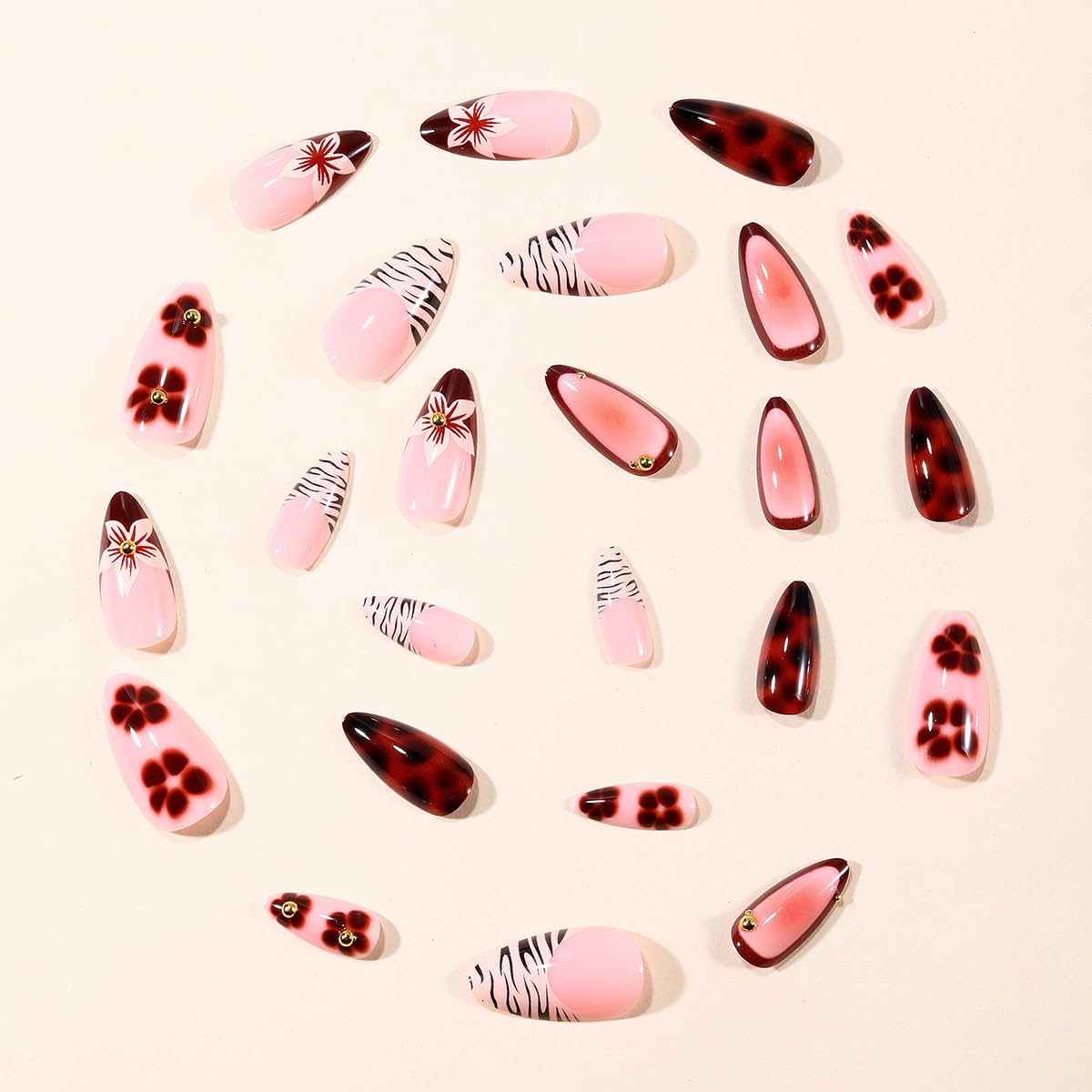 Tortoise Bloom Nails | Brown Floral Press-On Nails with 3D Accents