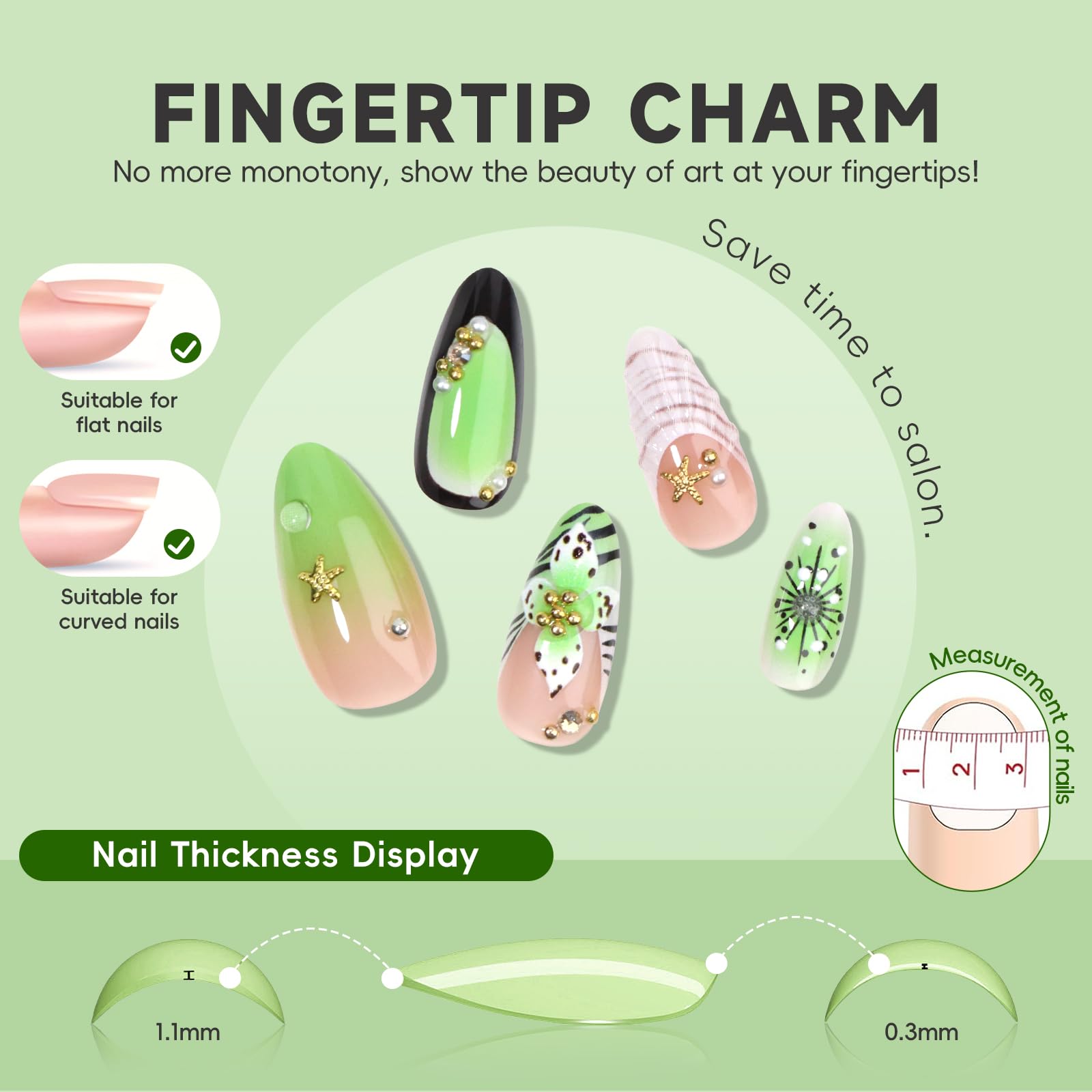 Mint Blossom Nails | Green Floral 3D Press-On Set with Pearl Accents