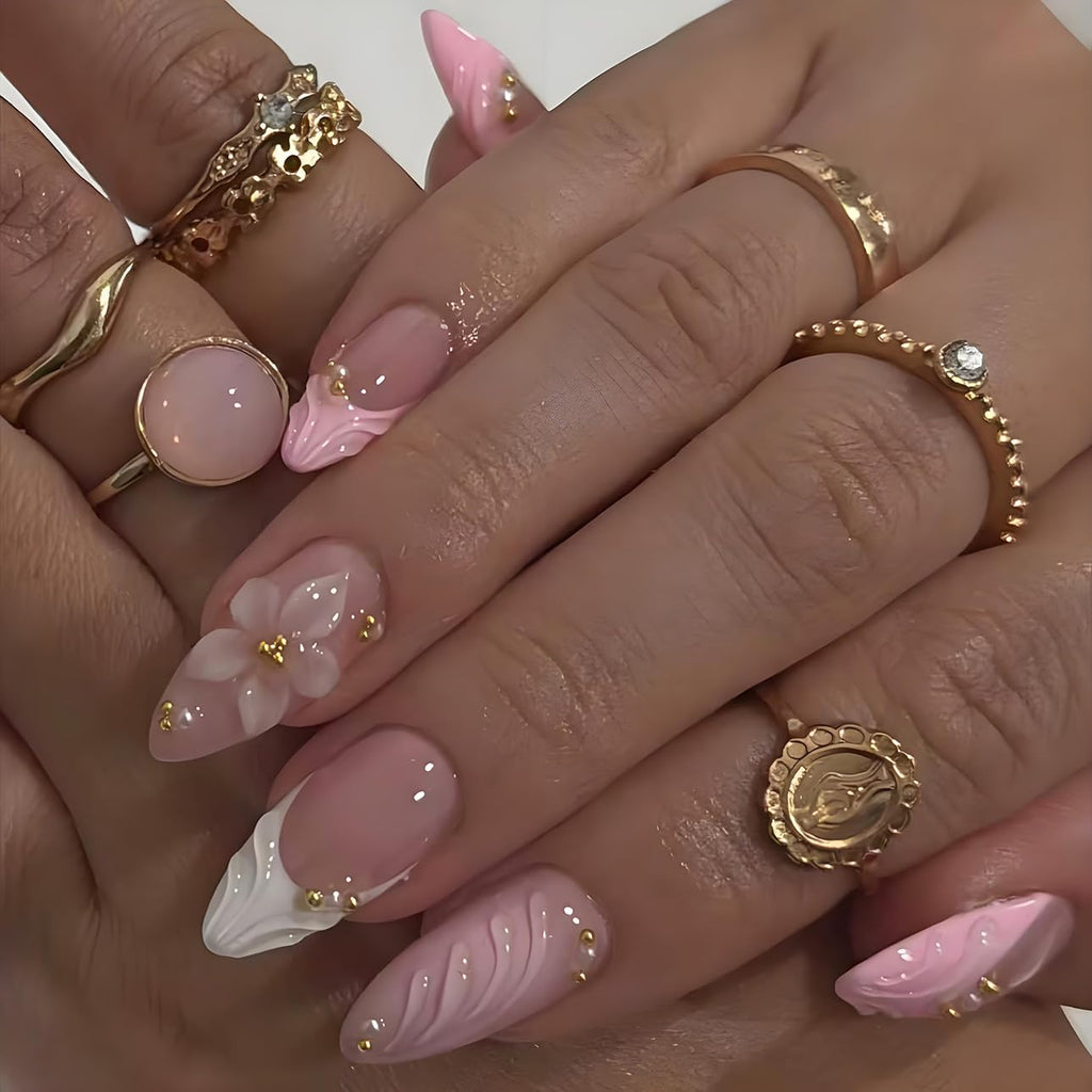 Pink Petal 3D Floral Nails | Elegant Pink & White Press-On Set with Gold Detailing
