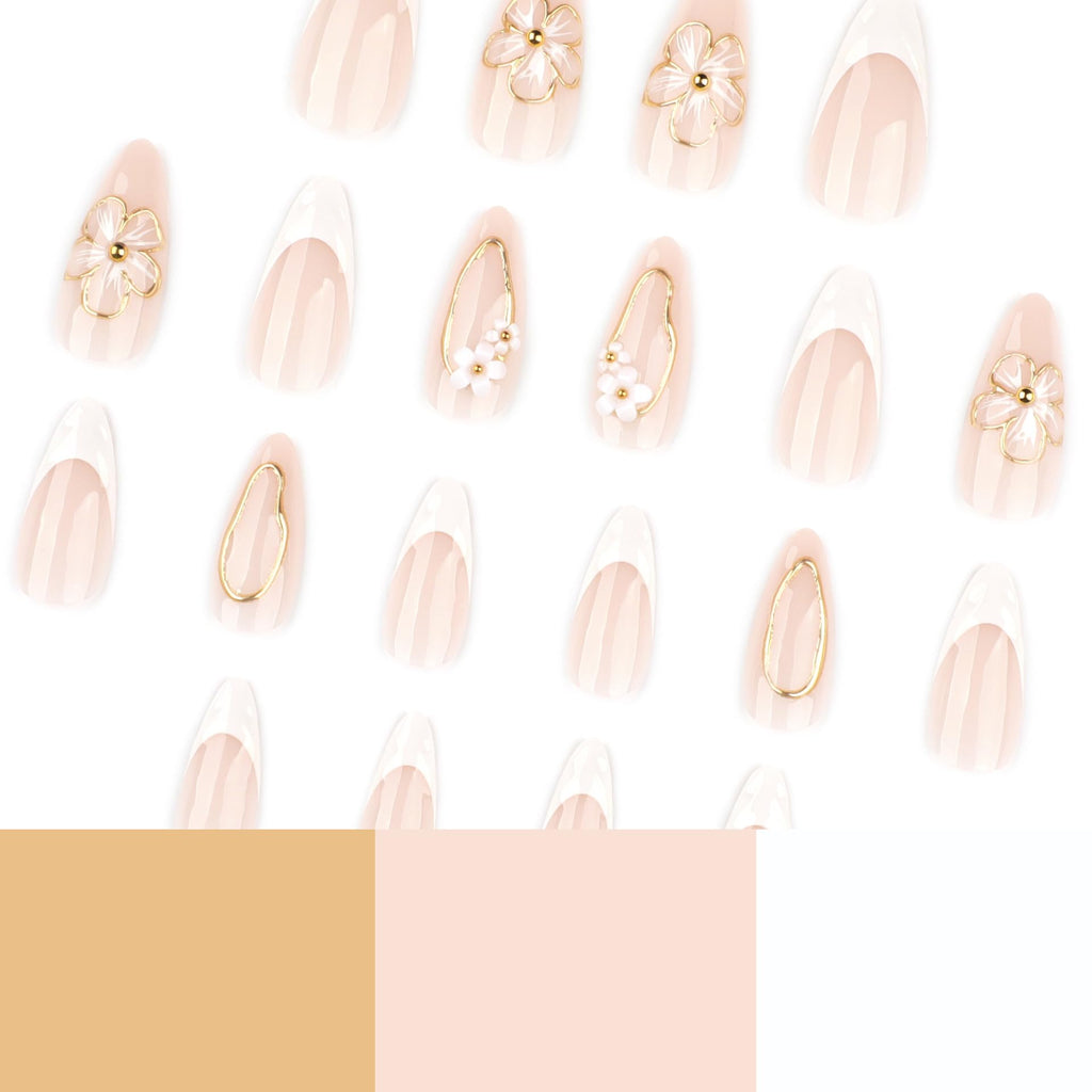 Golden Petal French Nails | White & Gold 3D Floral Press-On Set
