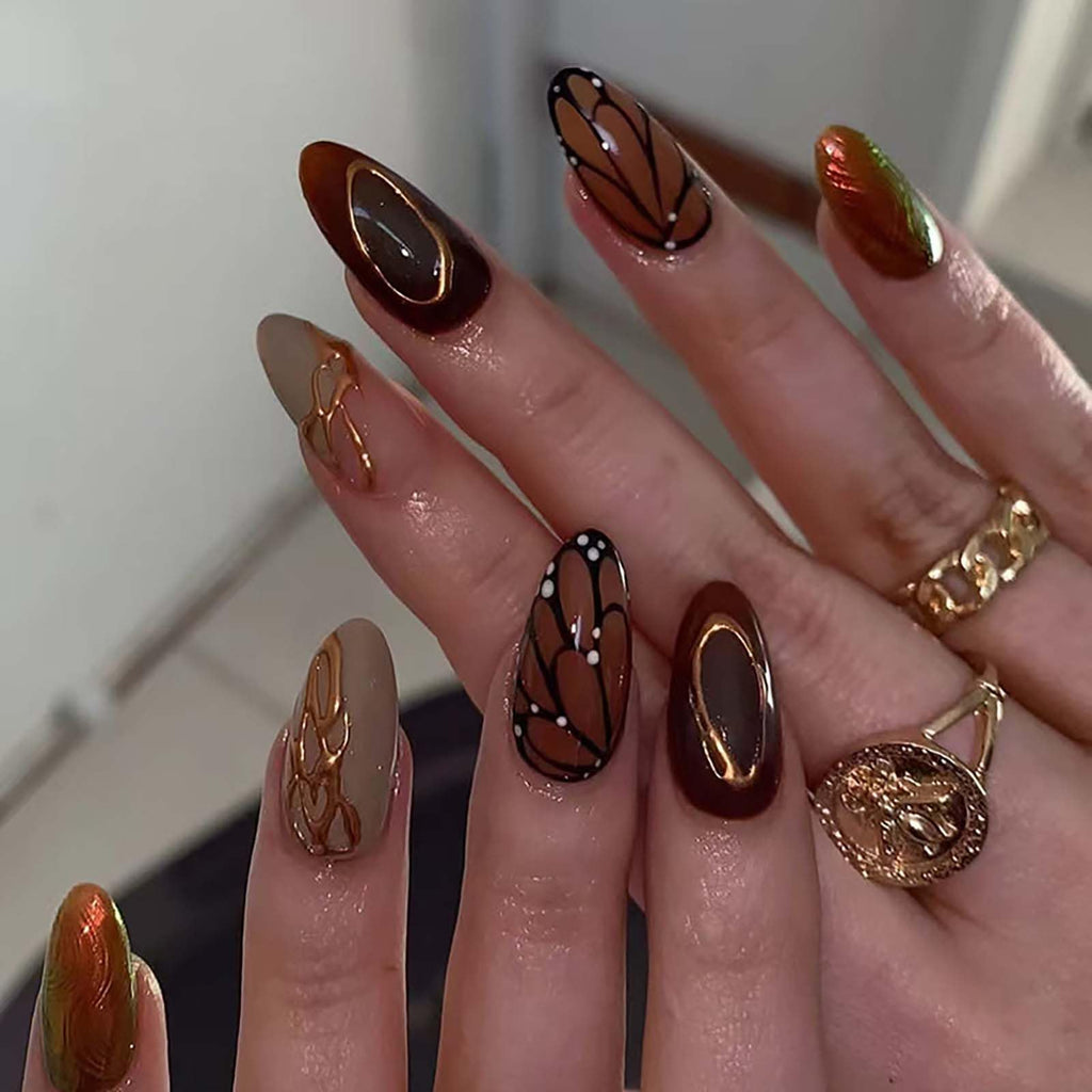 Cocoa Butterfly Nails | Brown & Gold Artistic Press-On Set