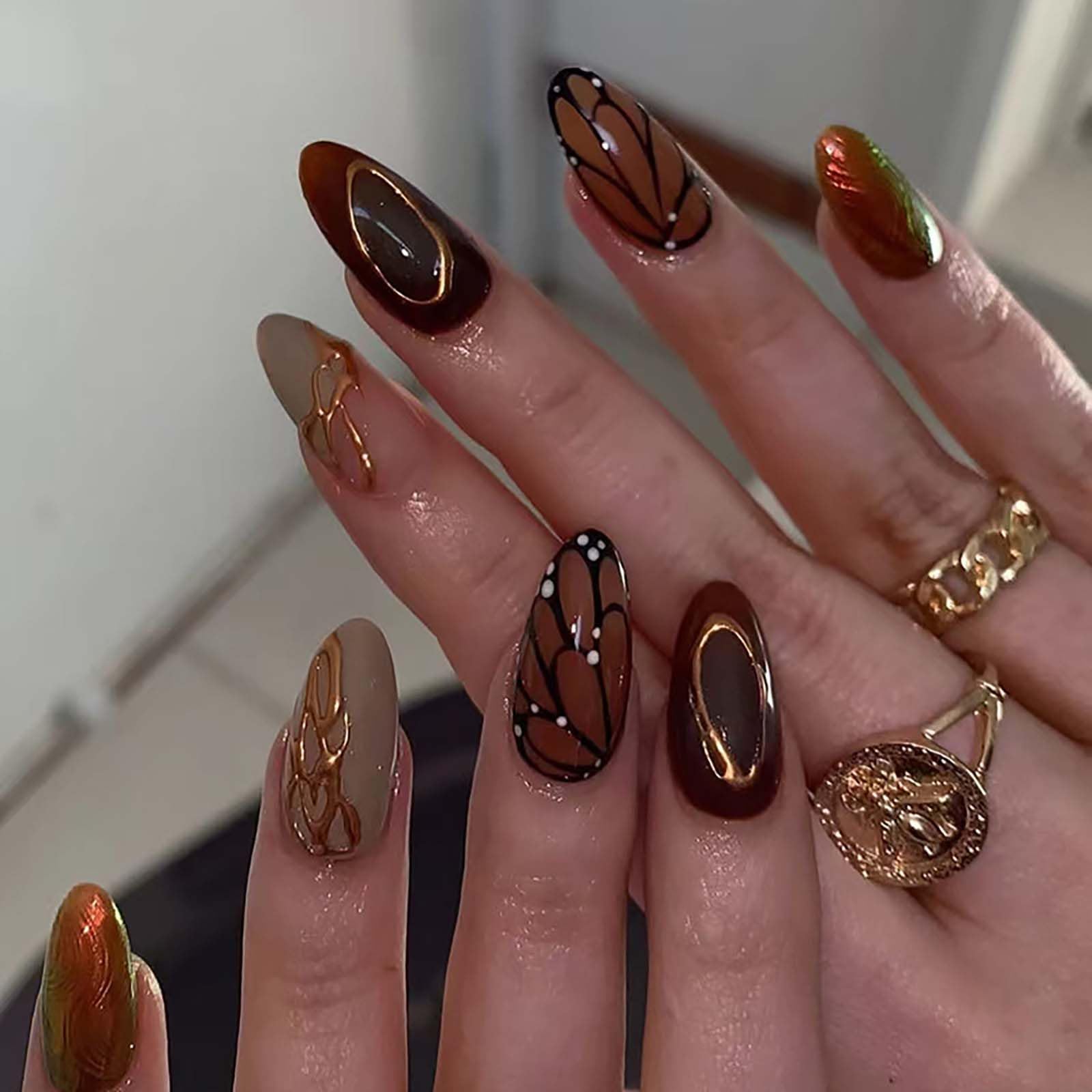 Cocoa Butterfly Nails | Brown & Gold Artistic Press-On Set