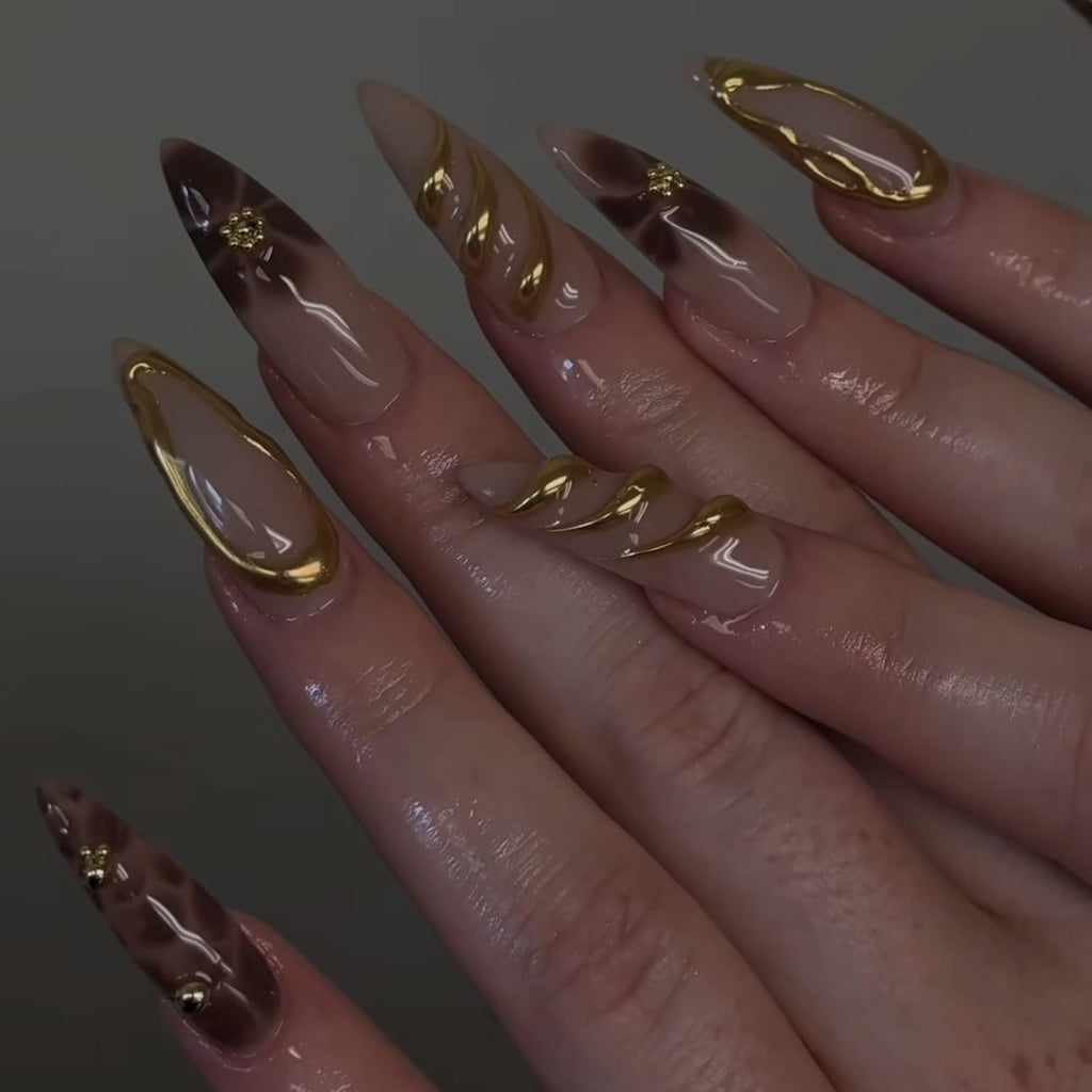 Golden Ember Nails | Tortoise Shell & Gold Accented Press-On Nail Set