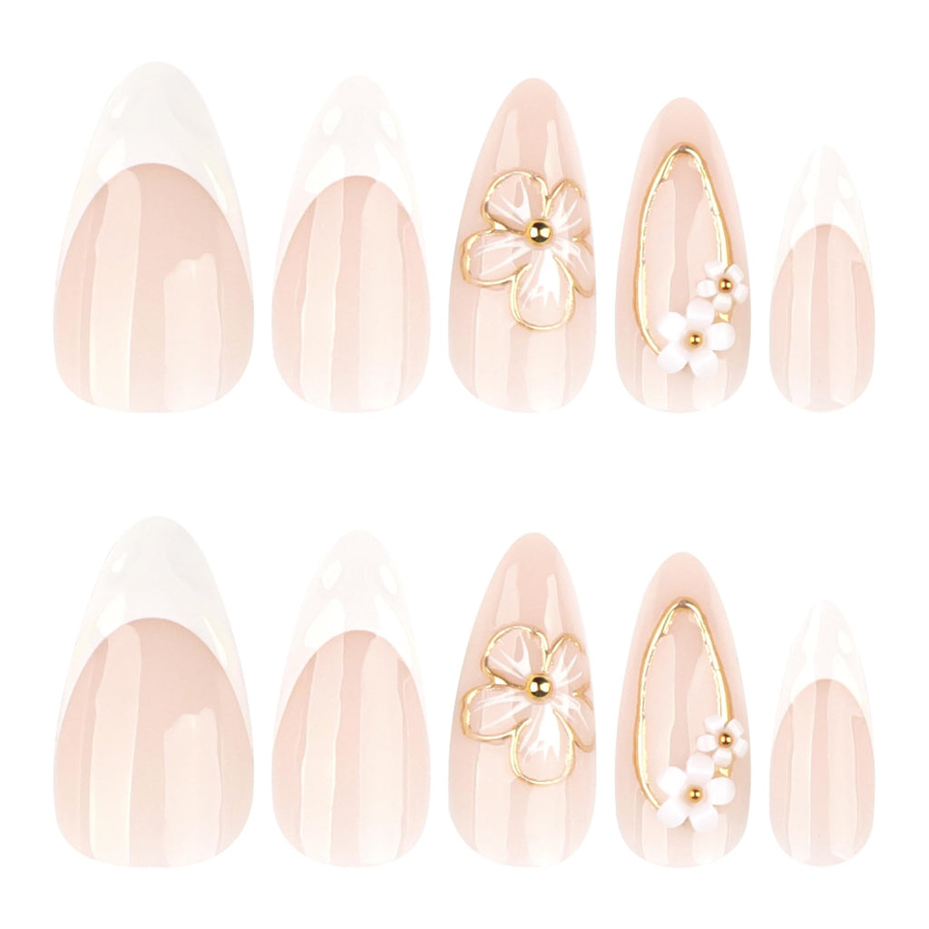 Golden Petal French Nails | White & Gold 3D Floral Press-On Set