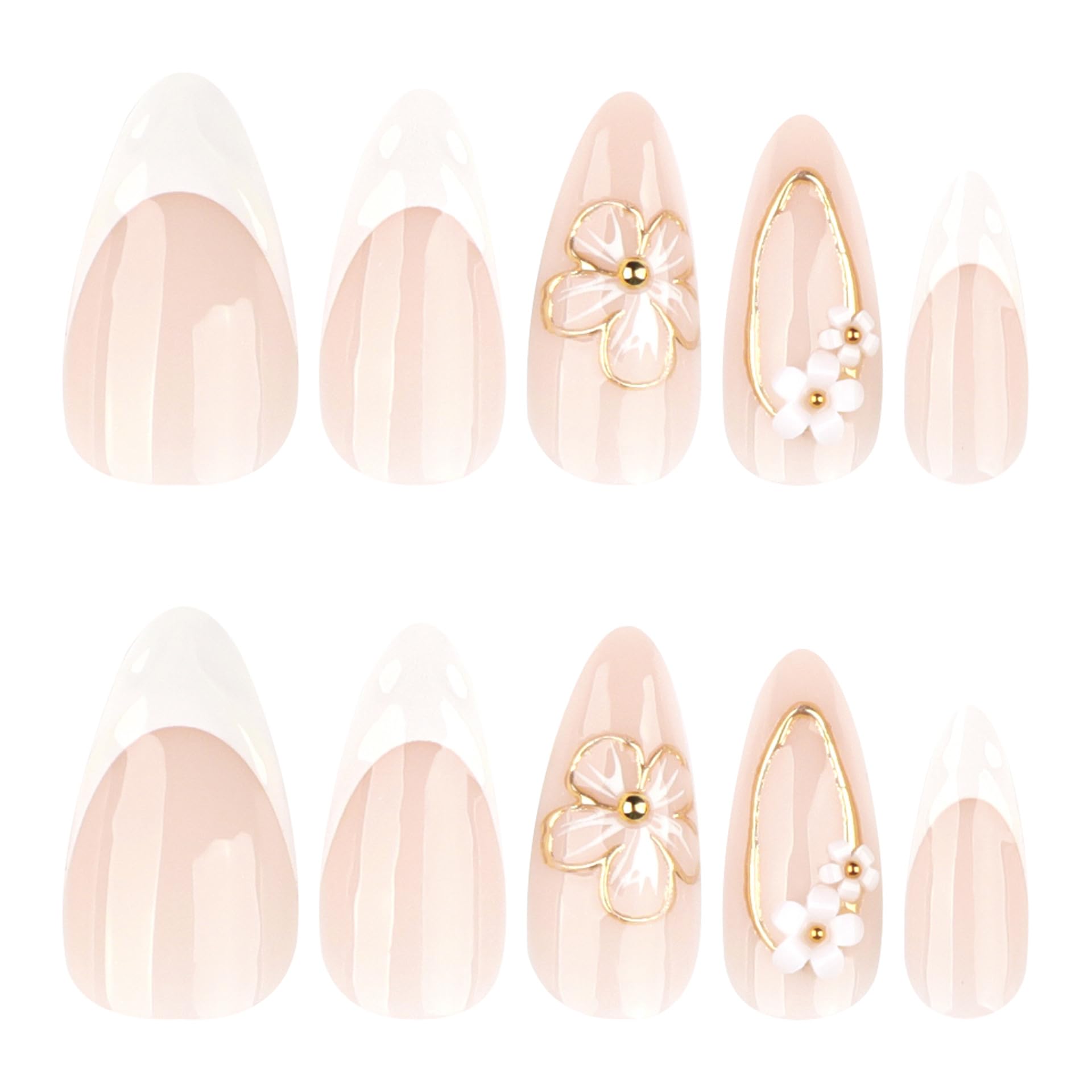 Golden Petal French Nails | White & Gold 3D Floral Press-On Set