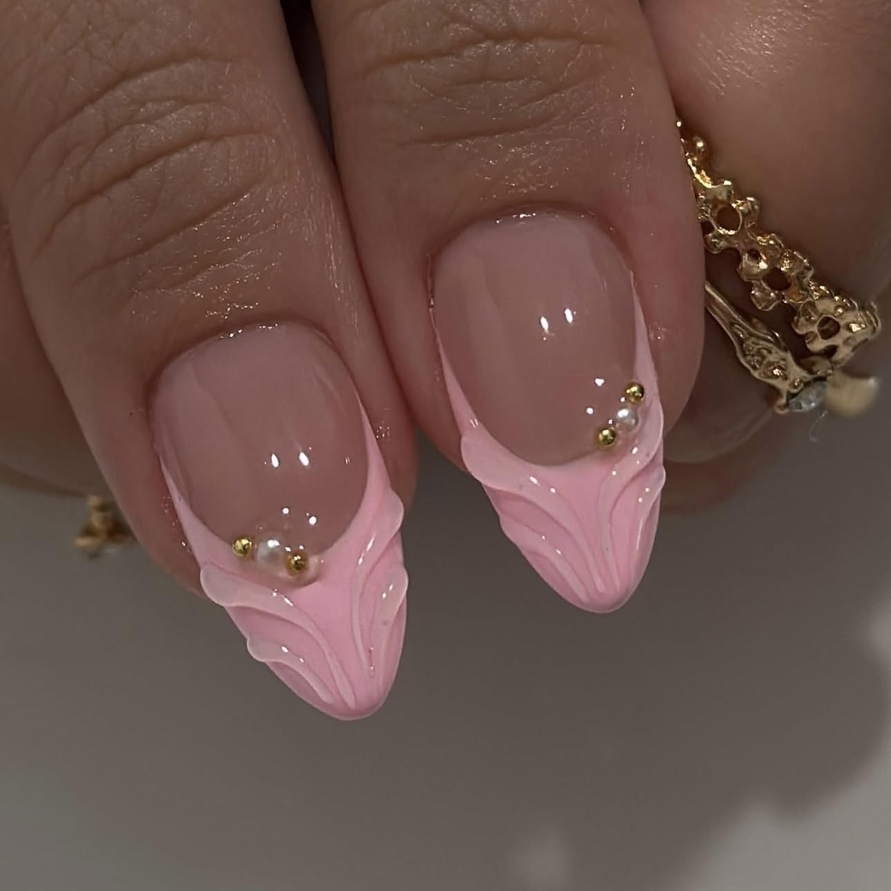 Pink Petal 3D Floral Nails | Elegant Pink & White Press-On Set with Gold Detailing