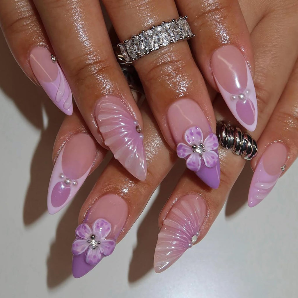 Lilac Dream 3D Nails | Purple Floral Press-On Nail Set with Pearls