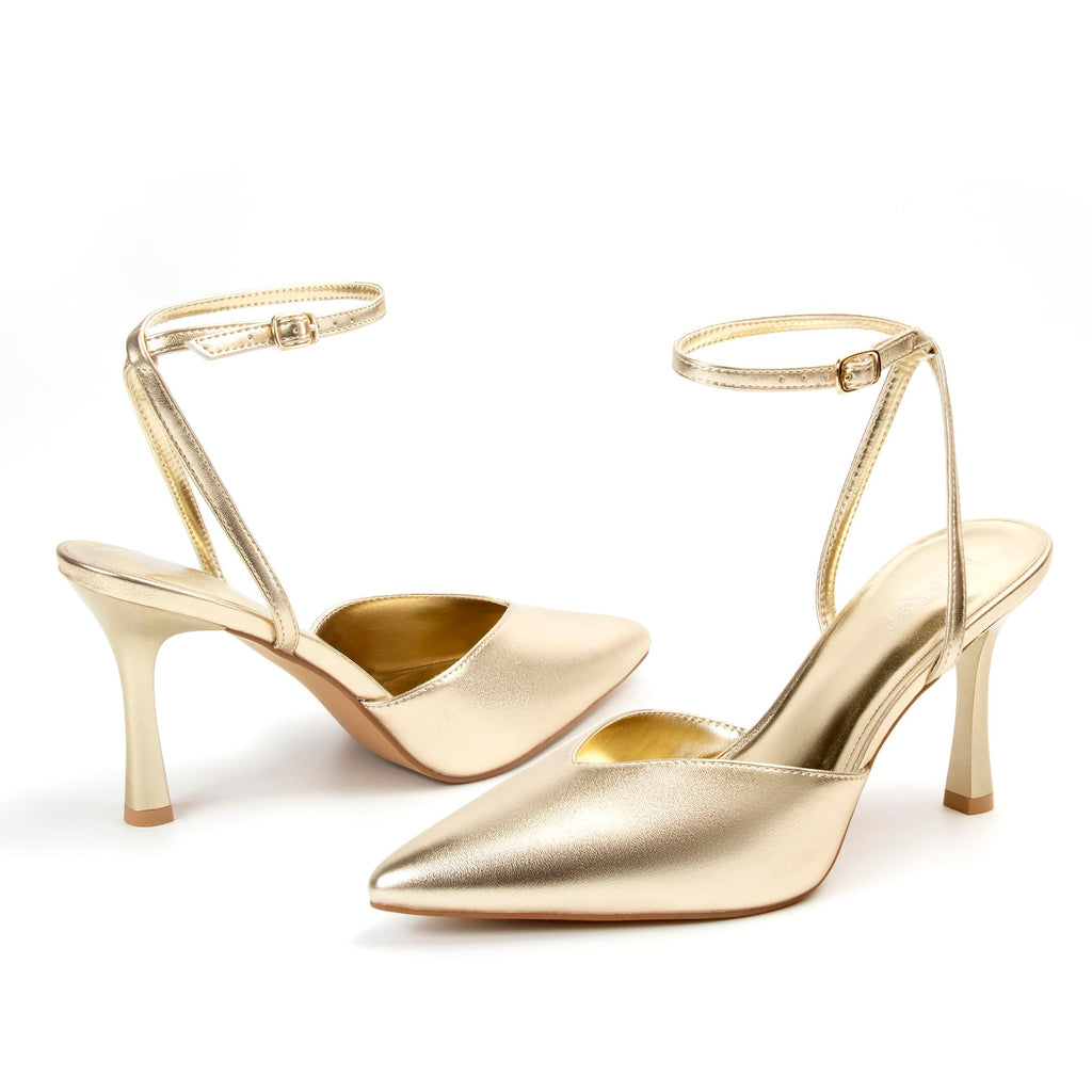 Miorap Closed Pointed Toe Kitten Slingback Heels for Women Ankle Strap Pumps Wedding Party Dressy Comfort Shoes Gold Size 7