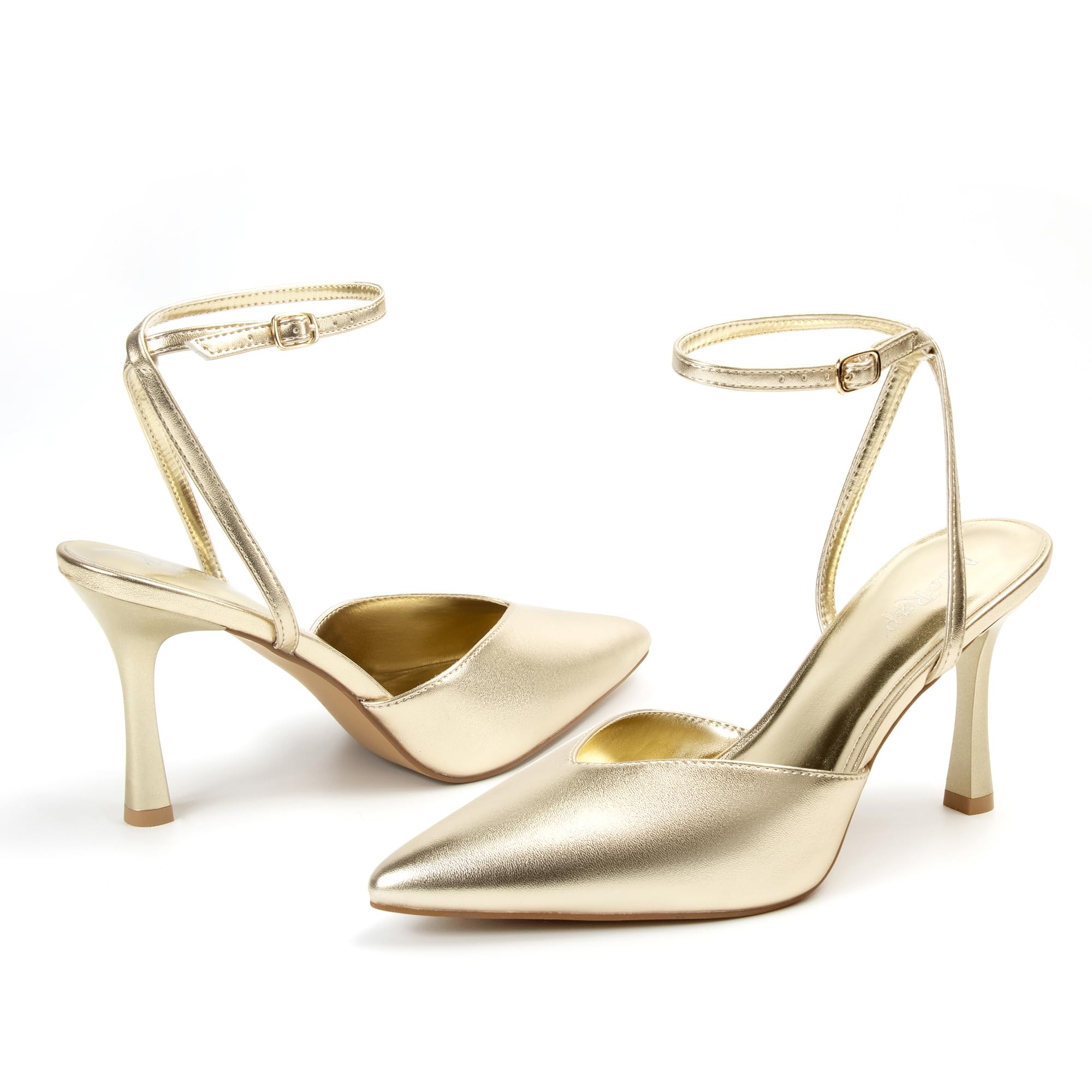 Miorap Closed Pointed Toe Kitten Slingback Heels for Women Ankle Strap Pumps Wedding Party Dressy Comfort Shoes Gold Size 7