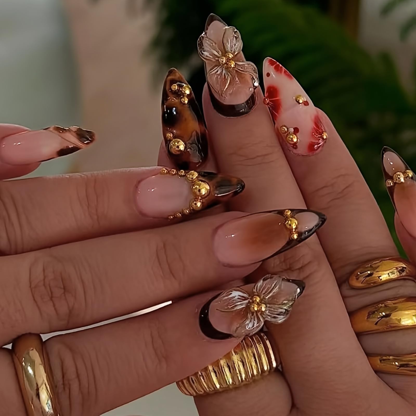 Leopard Blossom Gradient Nails | Brown & Gold 3D Press-On Nail Set