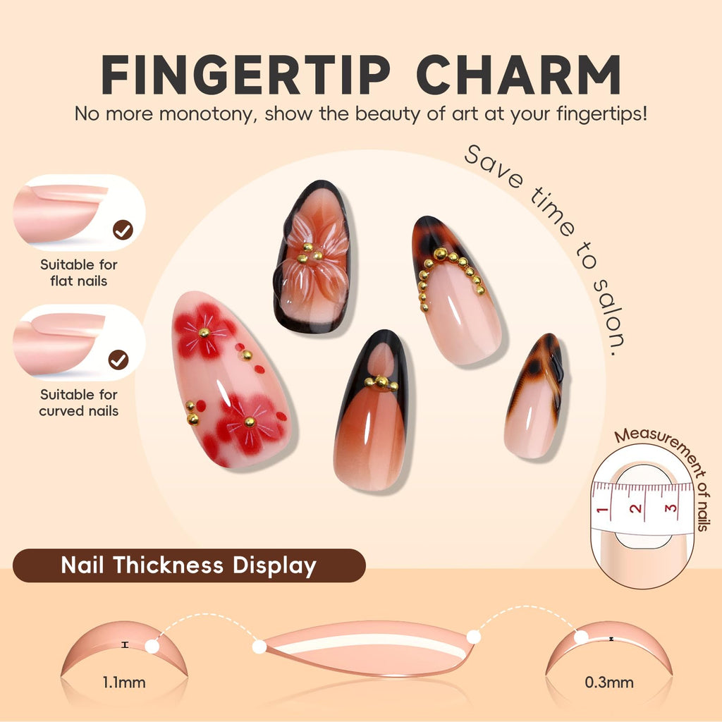 Leopard Blossom Gradient Nails | Brown & Gold 3D Press-On Nail Set