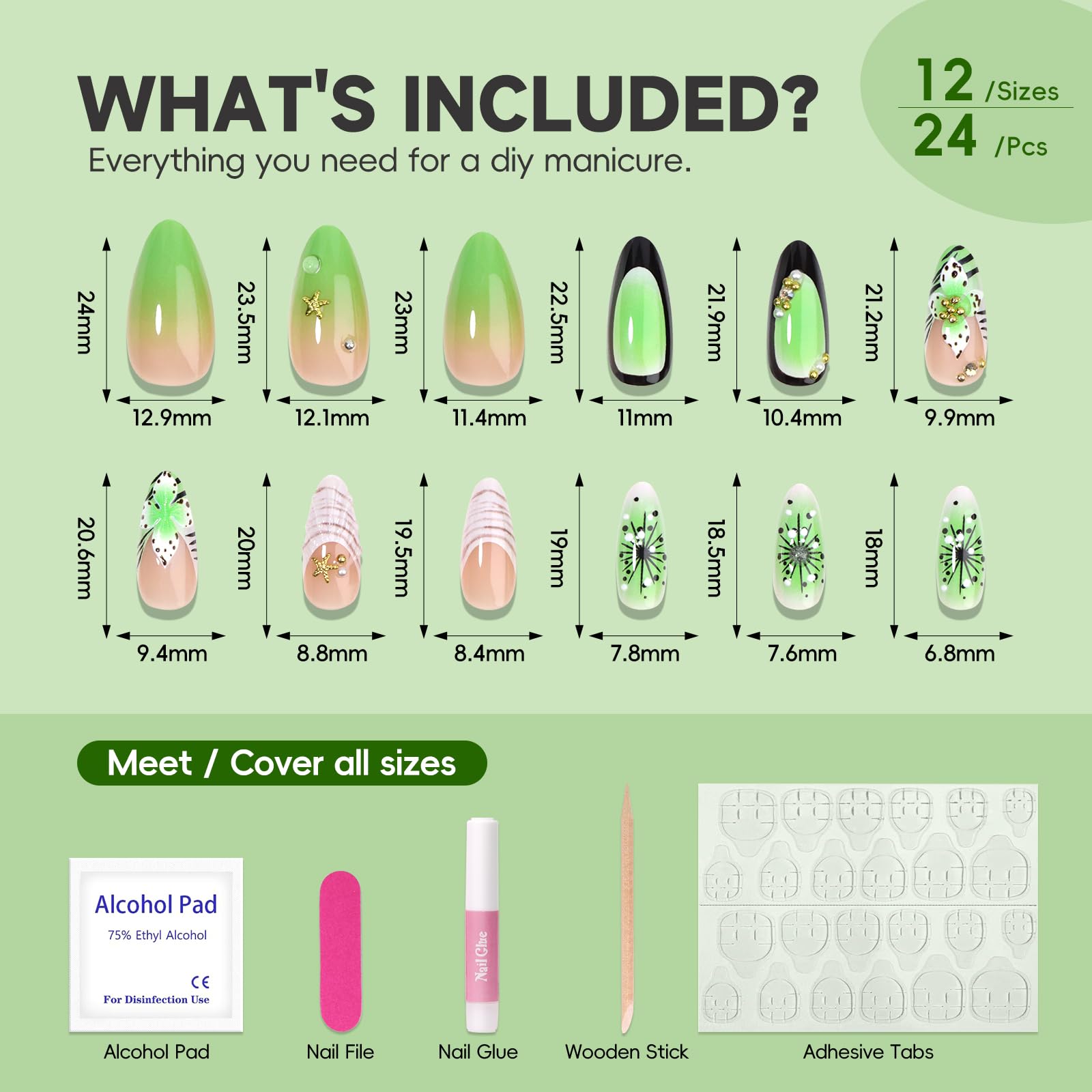 Mint Blossom Nails | Green Floral 3D Press-On Set with Pearl Accents