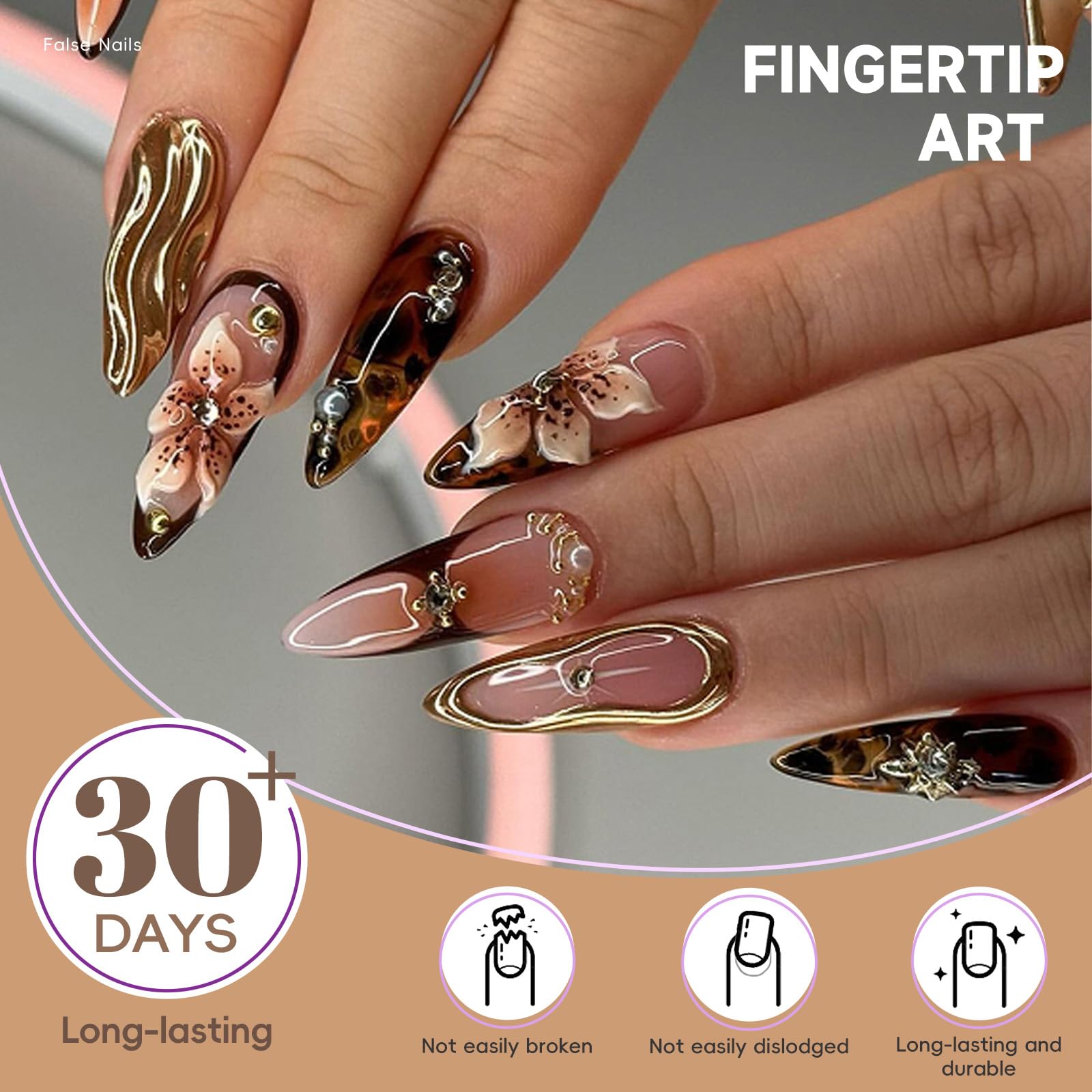 Caramel Bloom Nails | Gold & Brown 3D Press-On Nail Set