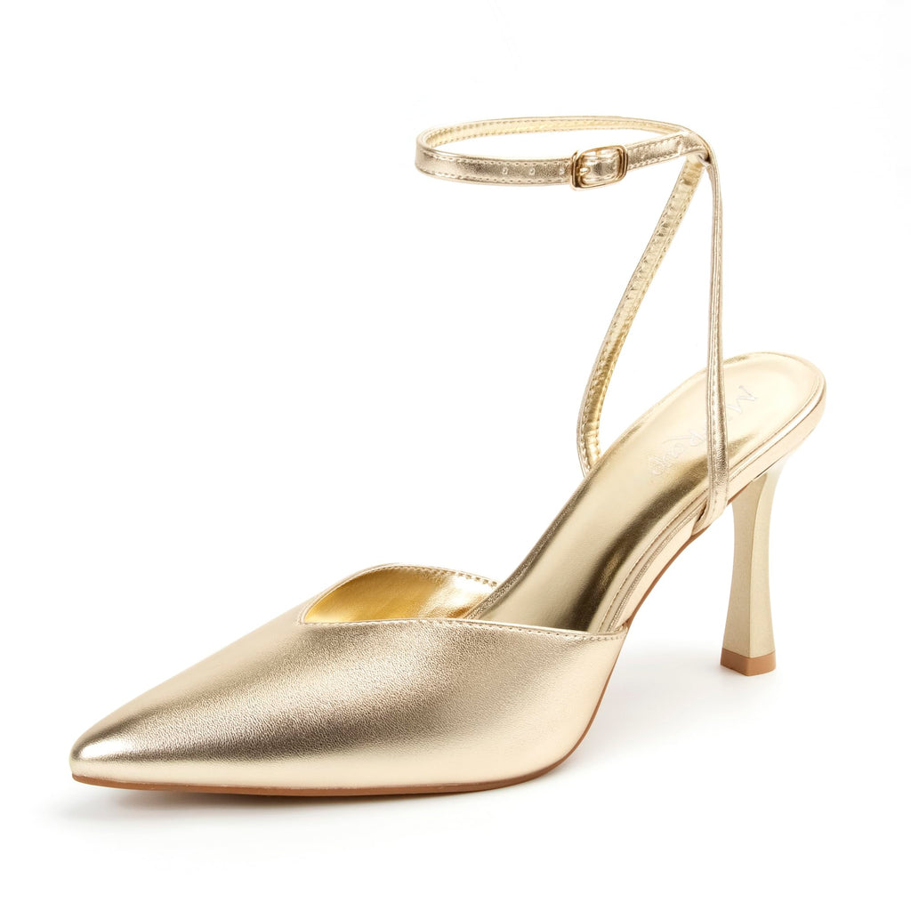 Miorap Closed Pointed Toe Kitten Slingback Heels for Women Ankle Strap Pumps Wedding Party Dressy Comfort Shoes Gold Size 7