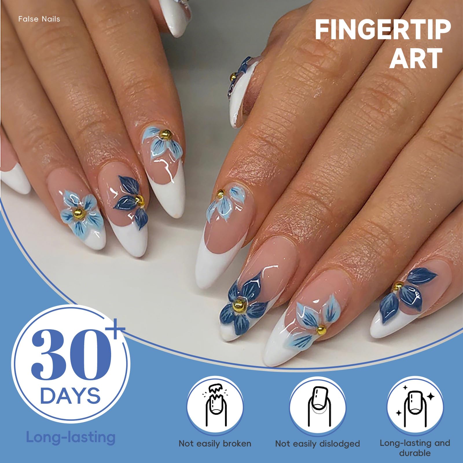 Blue Blossom French Nails | White & Blue Floral Press-On Set