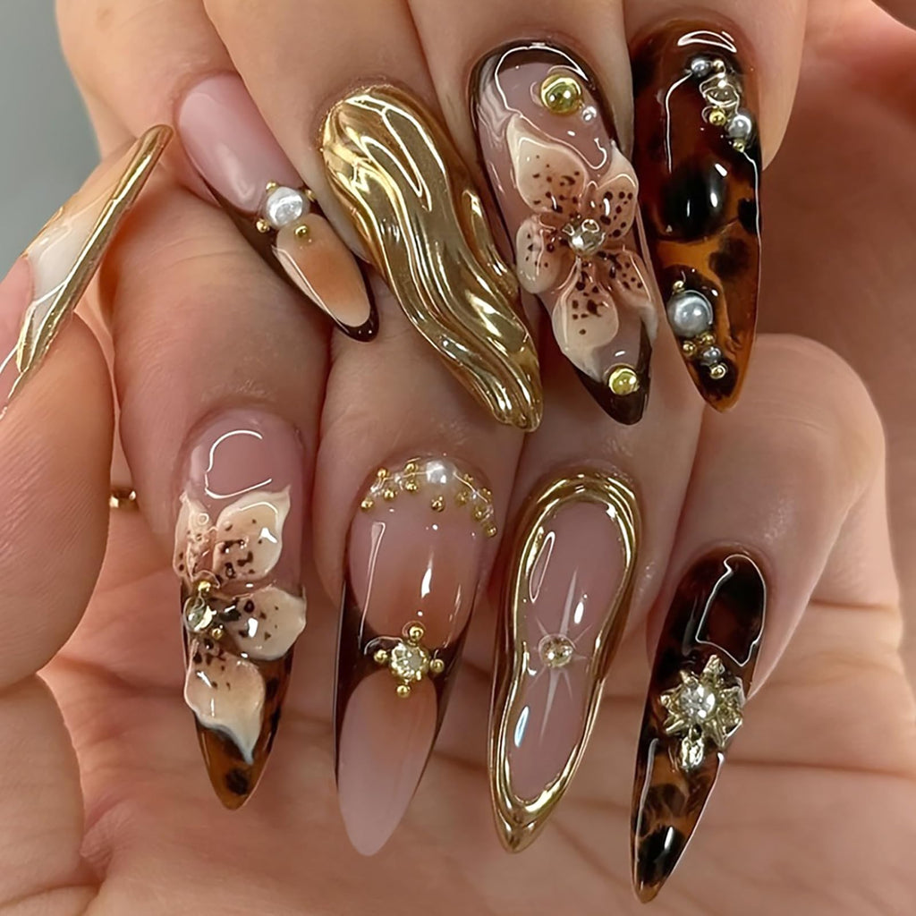 Caramel Bloom Nails | Gold & Brown 3D Press-On Nail Set