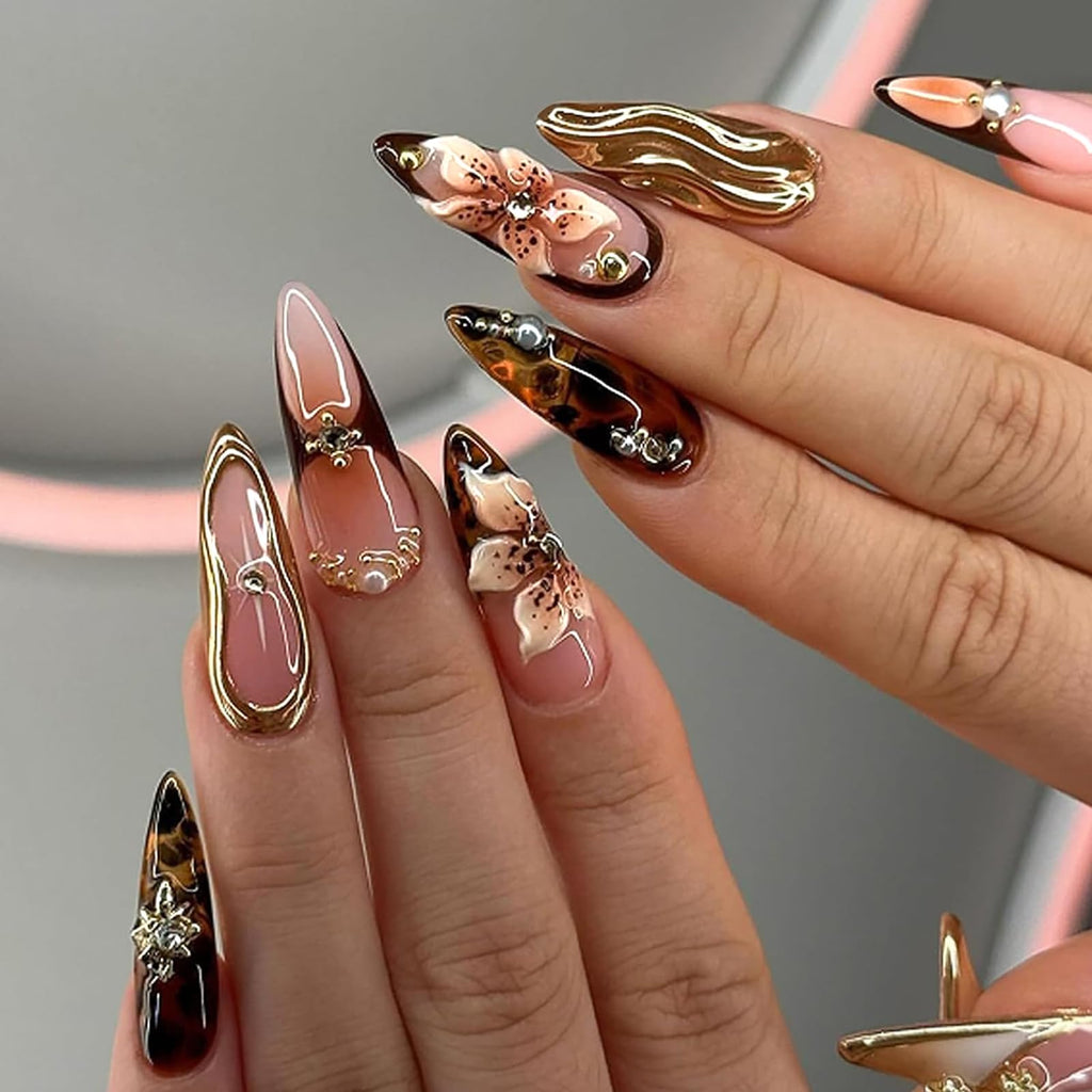 Caramel Bloom Nails | Gold & Brown 3D Press-On Nail Set