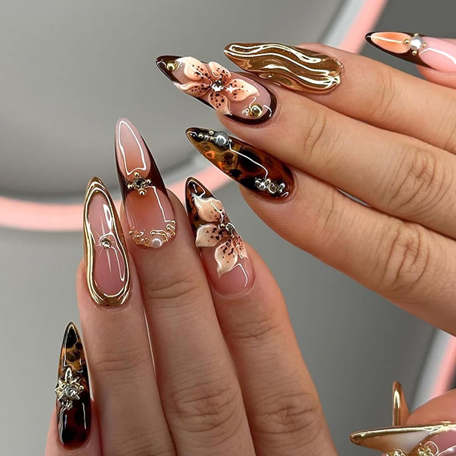 Caramel Bloom Nails | Gold & Brown 3D Press-On Nail Set