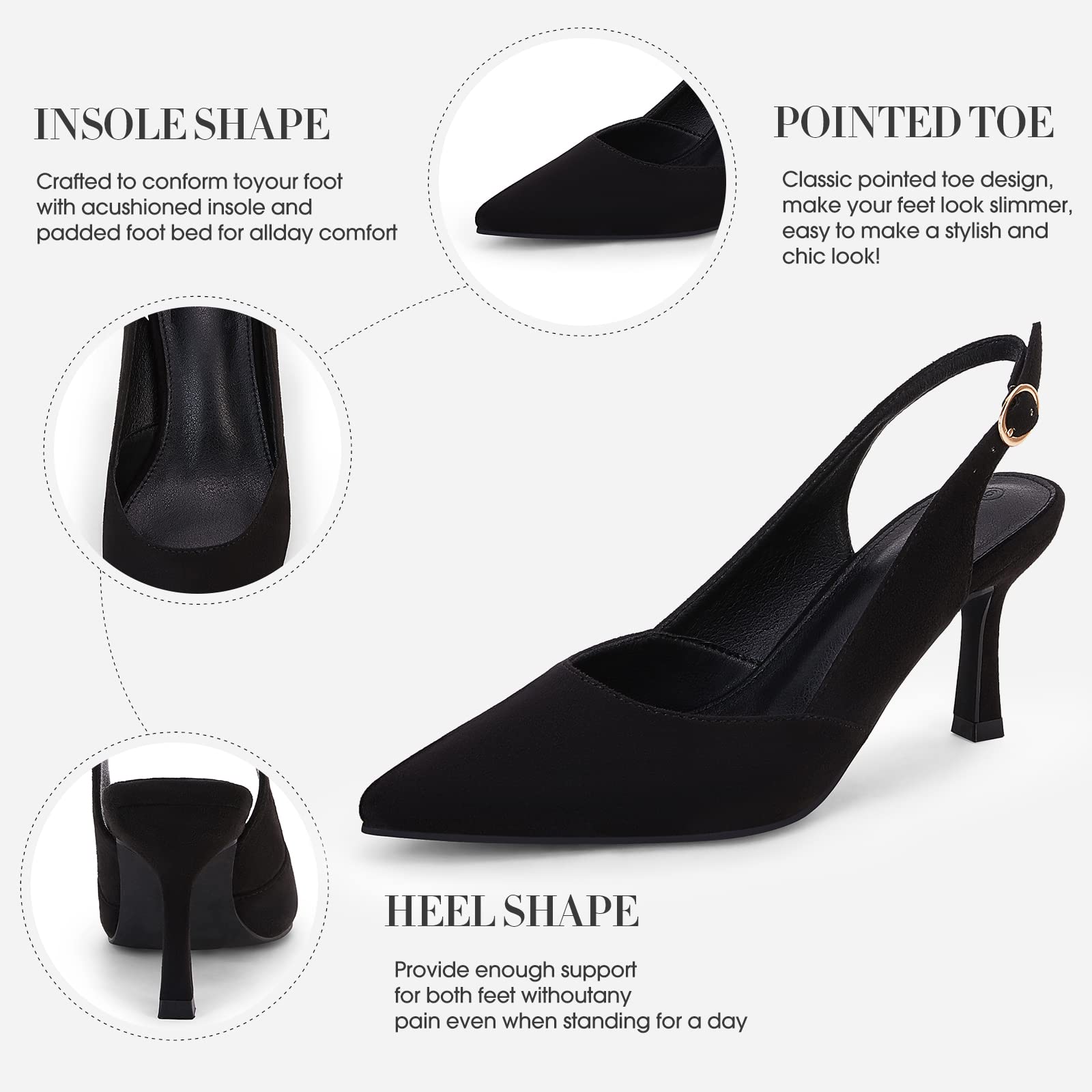Rilista Womens Slingback Pumps Closed Pointed Toe Kitten Heel Sandals Wedding Evening Party Dress Shoes Black Suede