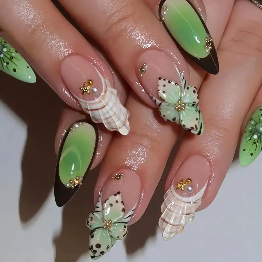 Mint Blossom Nails | Green Floral 3D Press-On Set with Pearl Accents