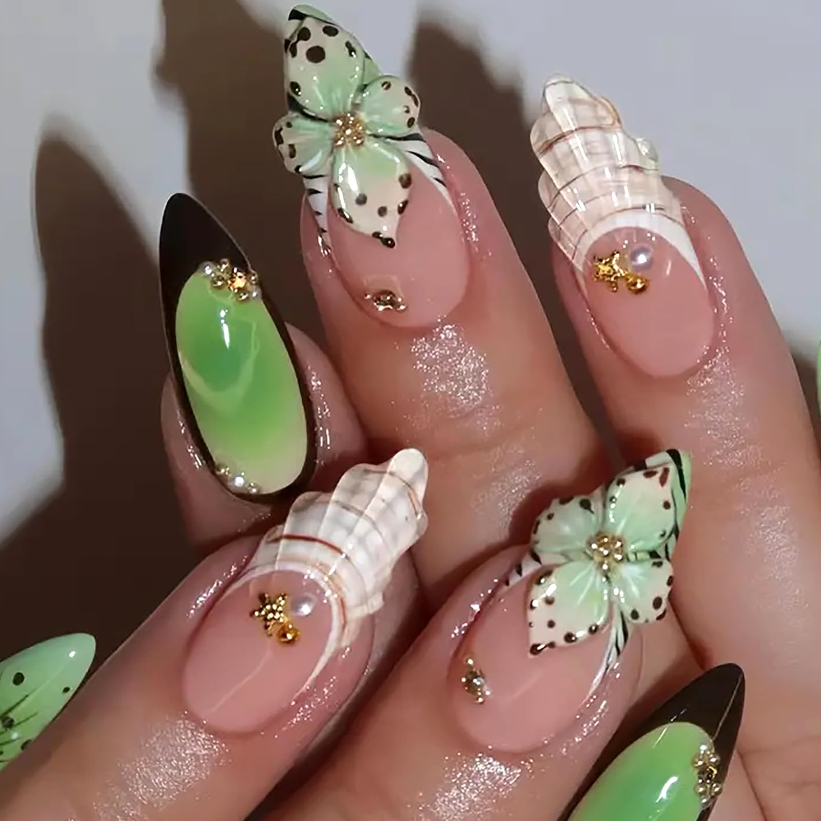 Mint Blossom Nails | Green Floral 3D Press-On Set with Pearl Accents