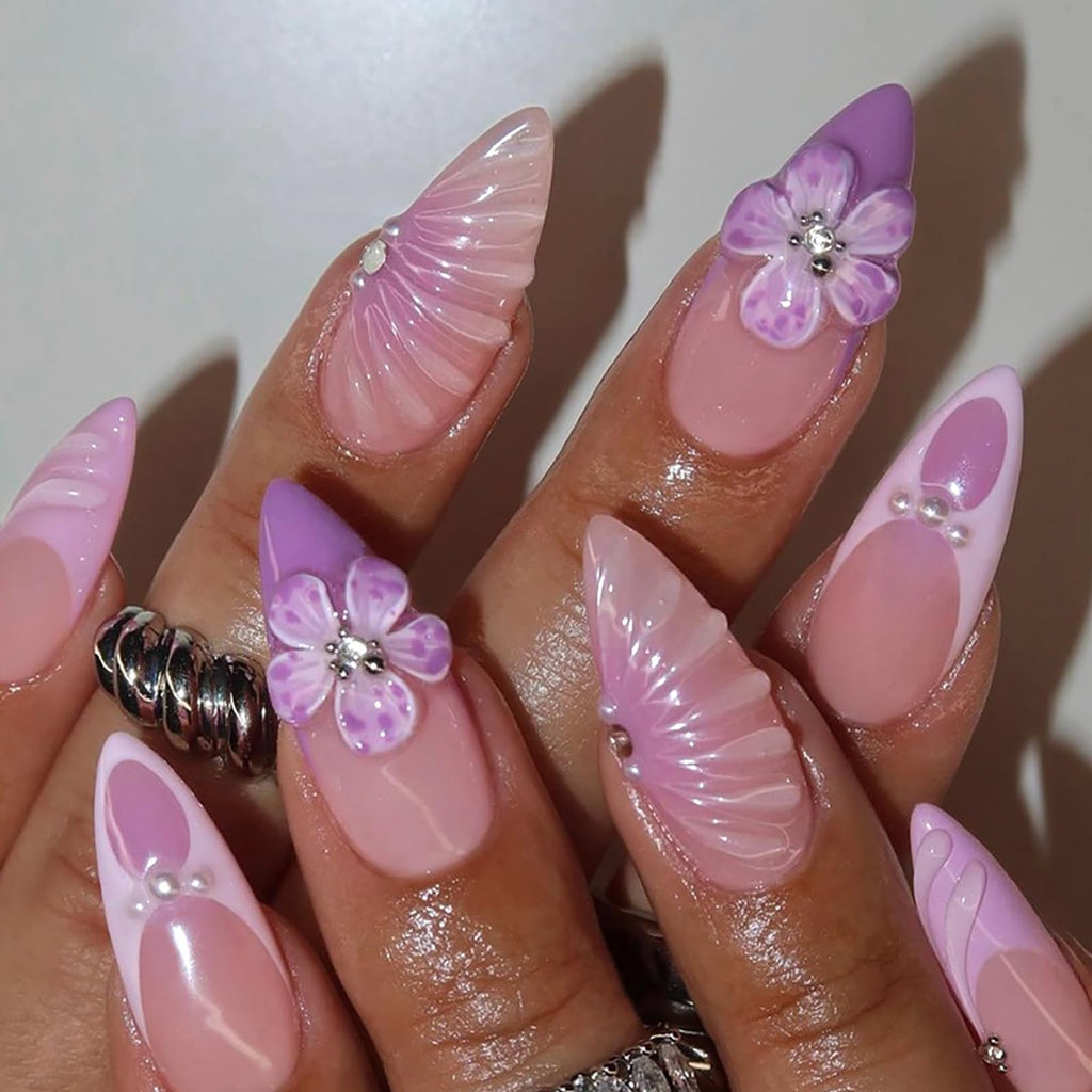 Lilac Dream 3D Nails | Purple Floral Press-On Nail Set with Pearls