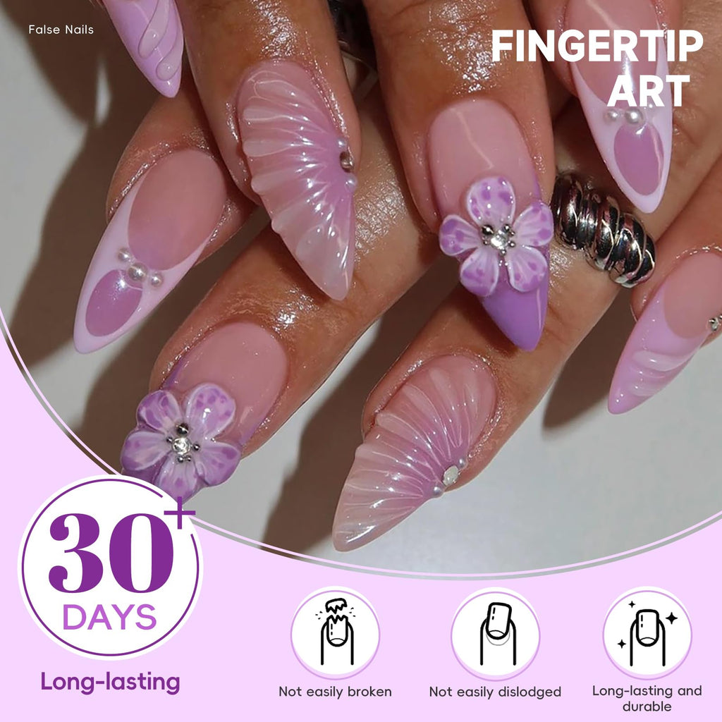 Lilac Dream 3D Nails | Purple Floral Press-On Nail Set with Pearls