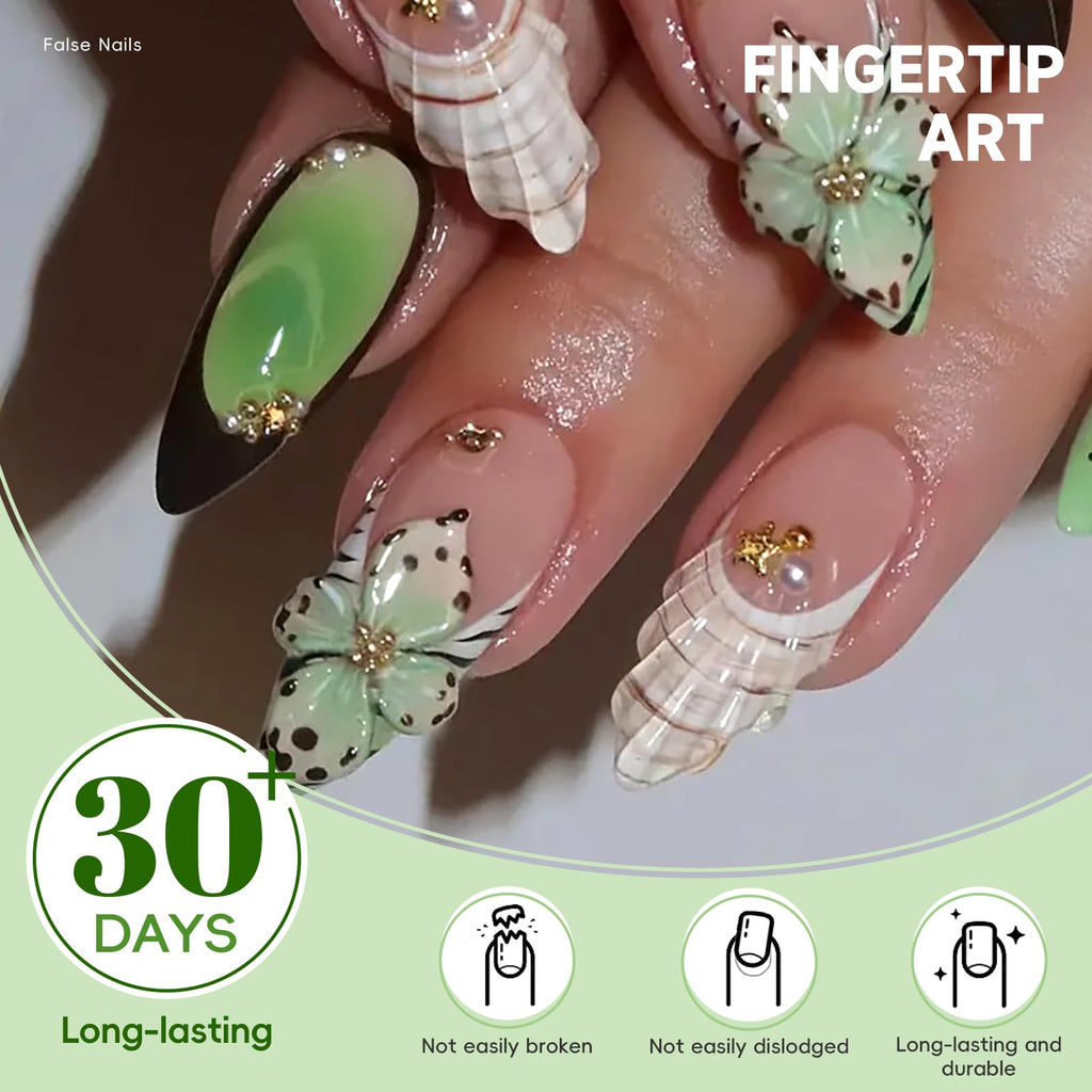 Mint Blossom Nails | Green Floral 3D Press-On Set with Pearl Accents
