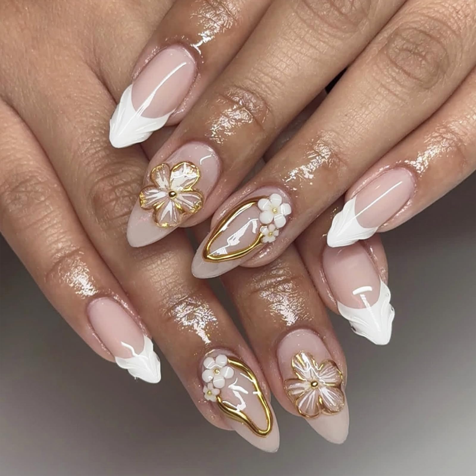 Golden Petal French Nails | White & Gold 3D Floral Press-On Set